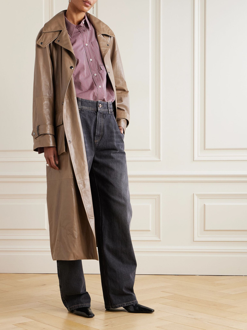 Brunello Cucinelli Bead-embellished belted double-breasted leather trench coat Brown outlook