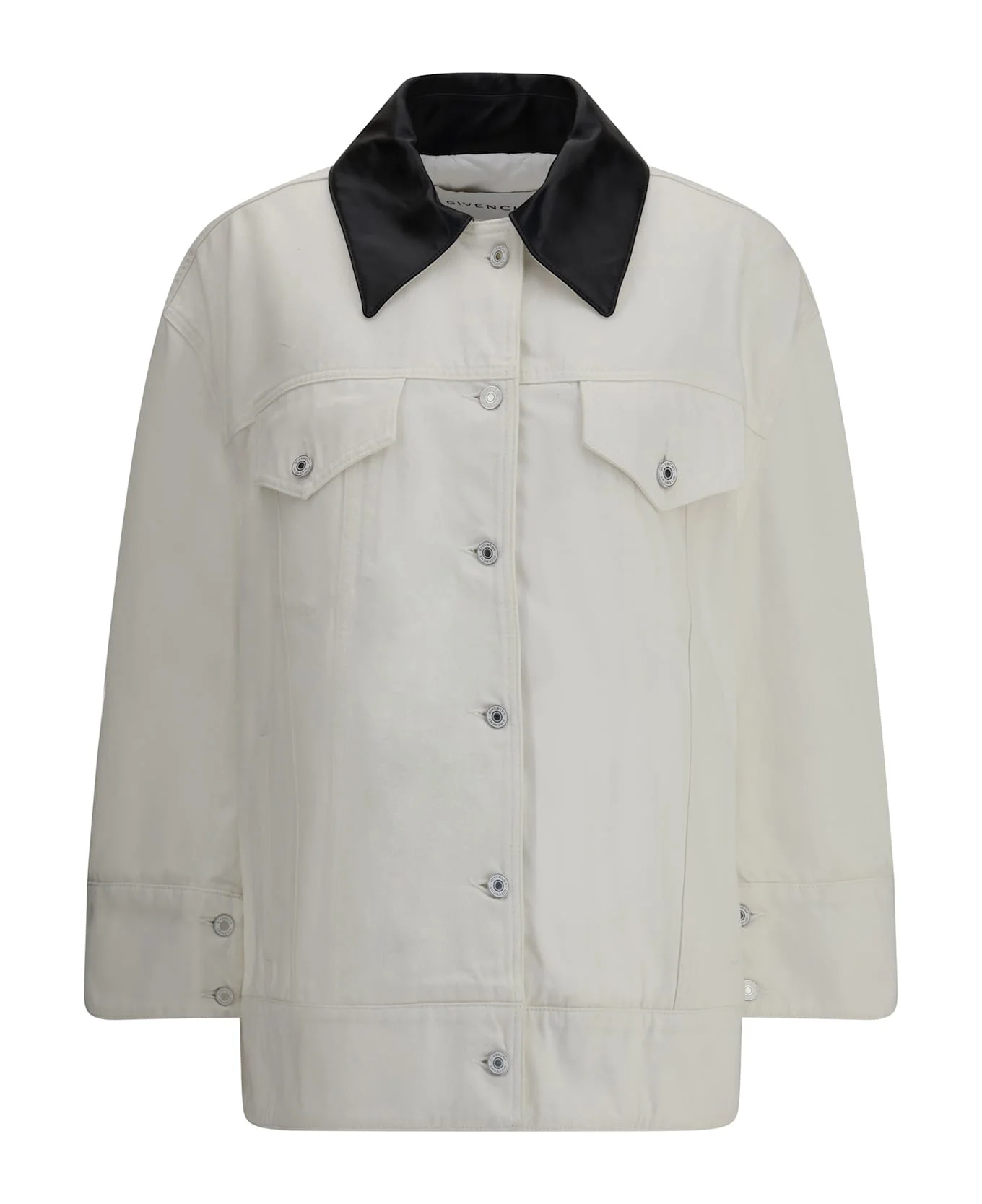 Denim Jacket With Leather Collar - 1