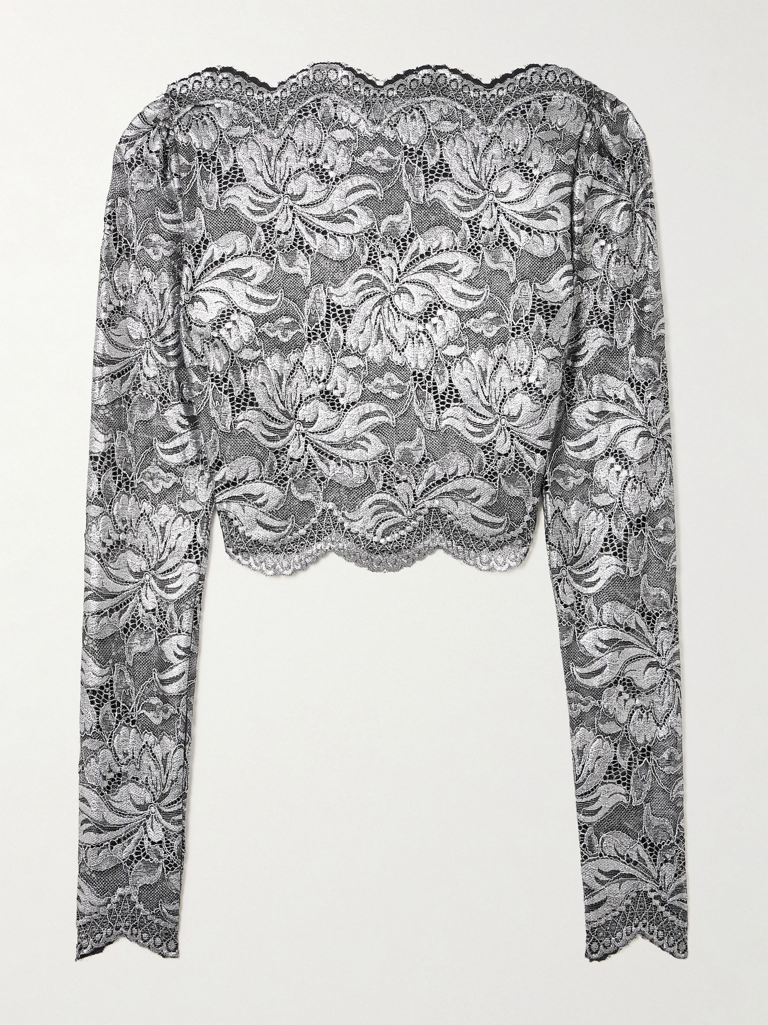 Cropped scalloped stretch-lace top Silver - 1