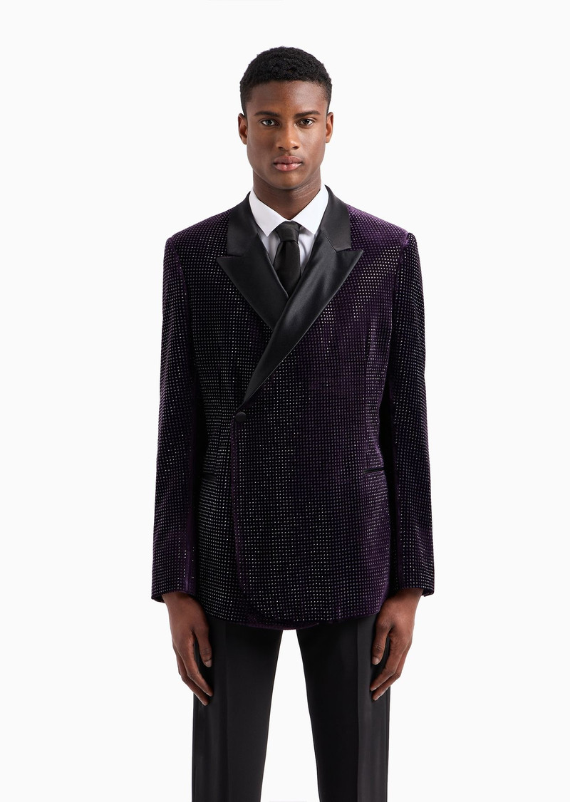 EMPORIO ARMANI Double-breasted velvet jacket with all-over rhinestones ...
