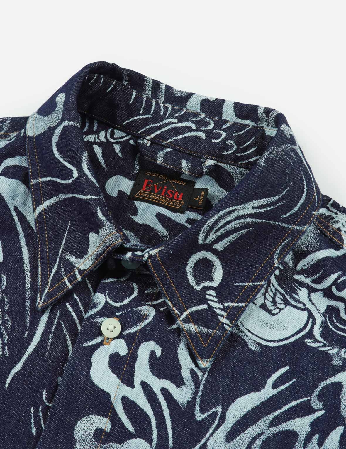 ALLOVER SEAGULL AND CARP EXTRACTED PRINT LOOSE FIT DENIM SHIRT - 8