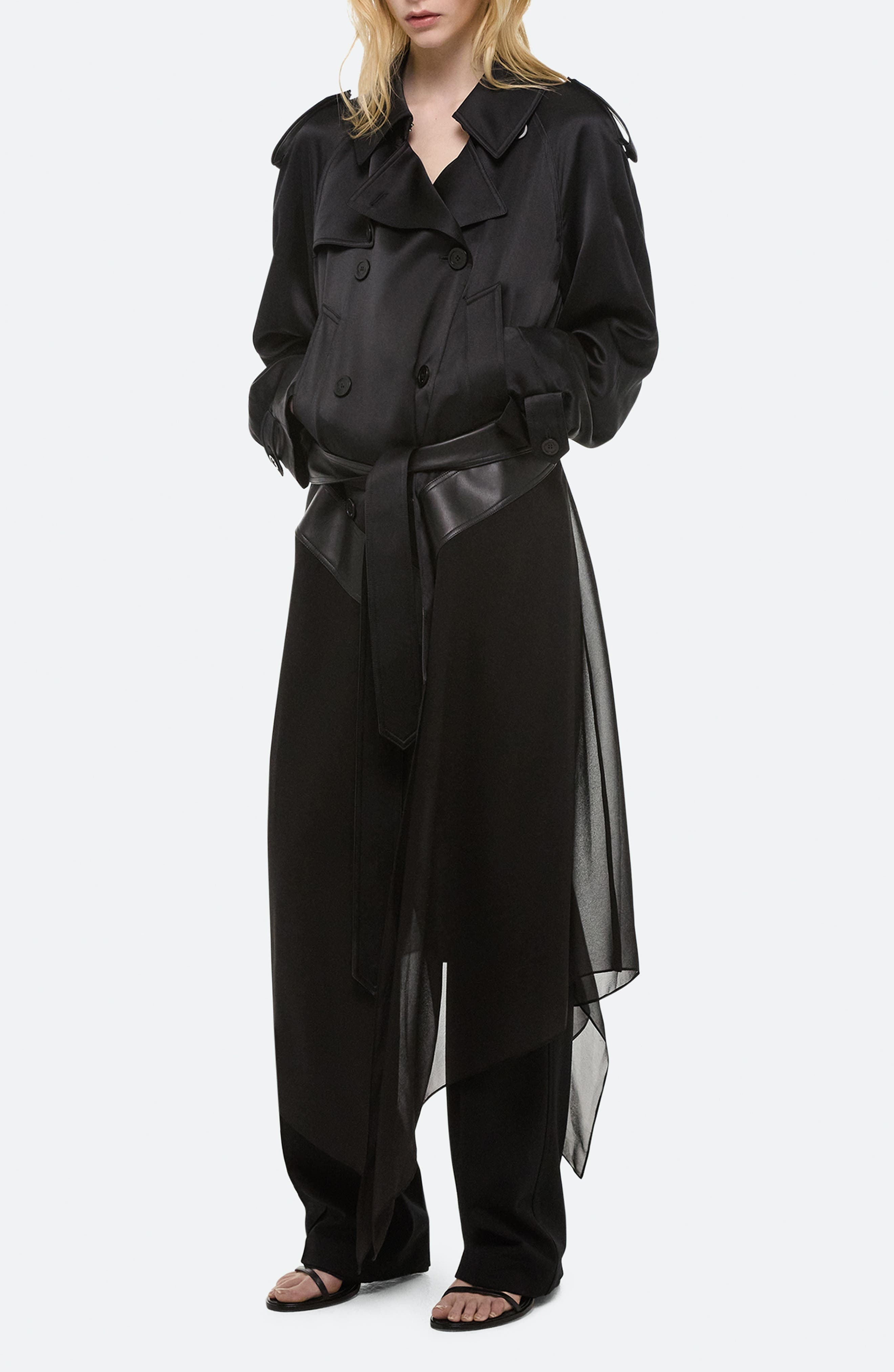 Helmut Lang Mixed Media Scarf Detail Silk Trench Coat in Black at Nordstrom - 3