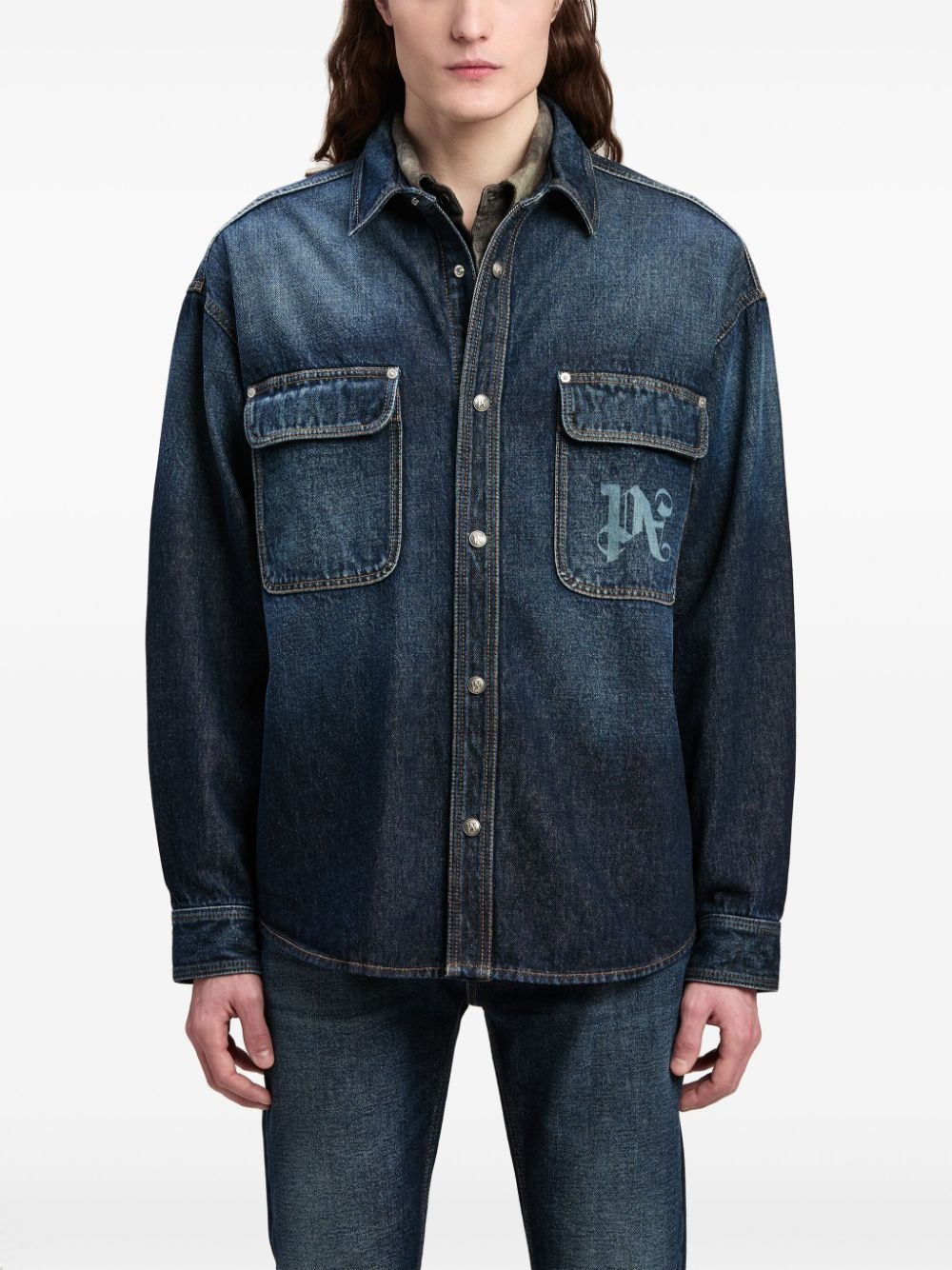 logo-print denim shirt - 3