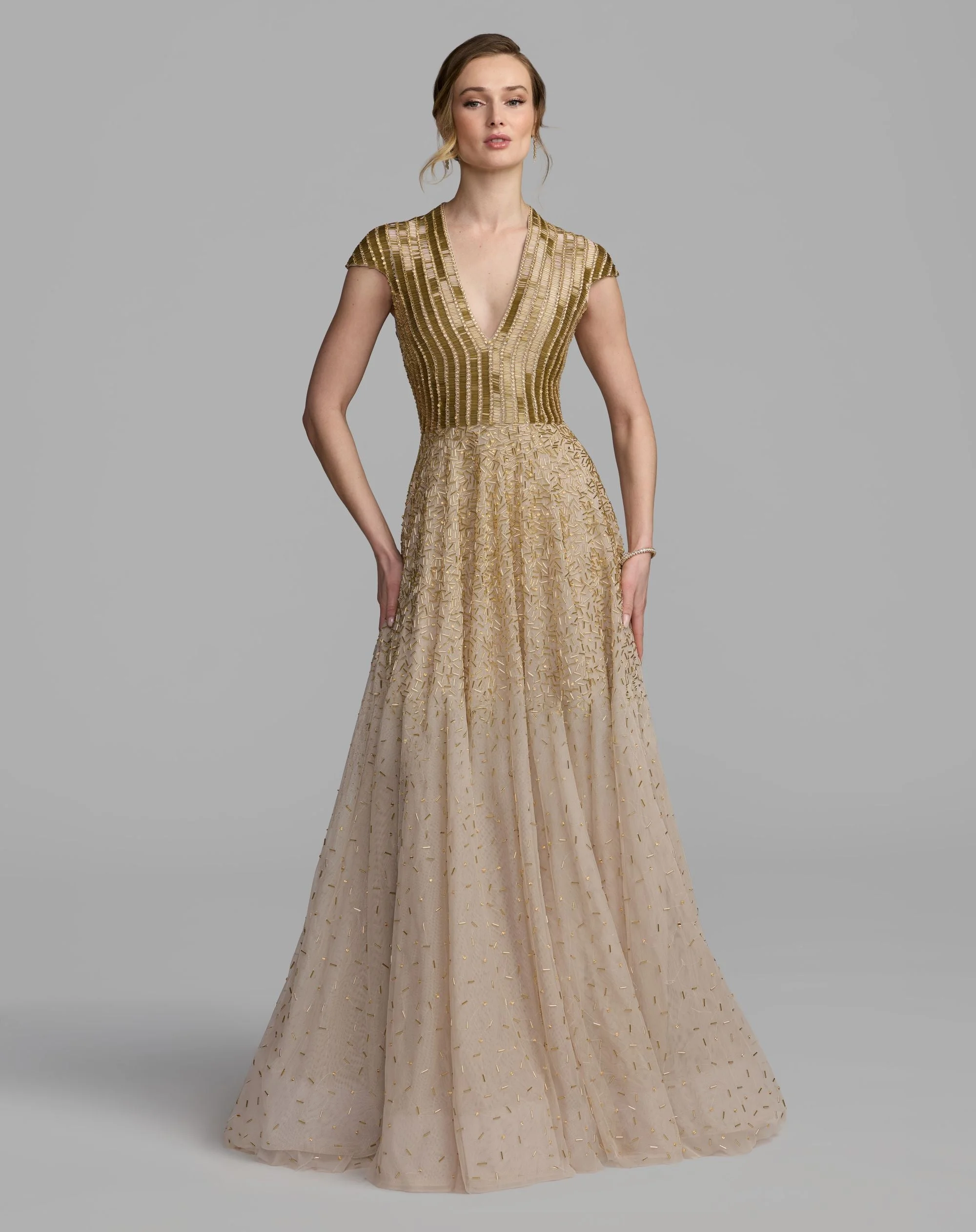 Gold V-Neck Beaded Tulle A-Line Gown - 1