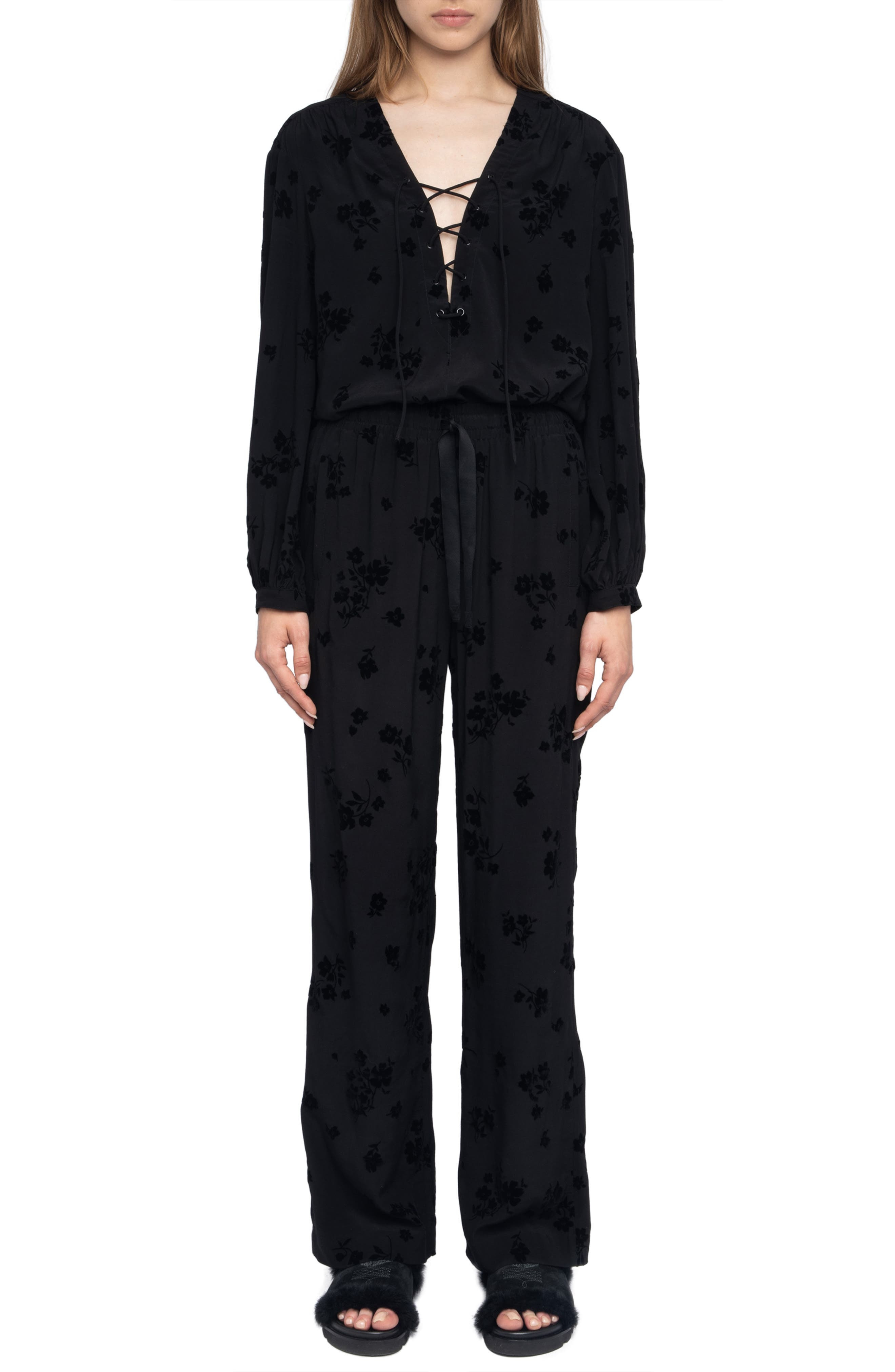 Zadig & Voltaire Poma Floral Satin Drawstring Waist Pants in Black at Nordstrom - 6