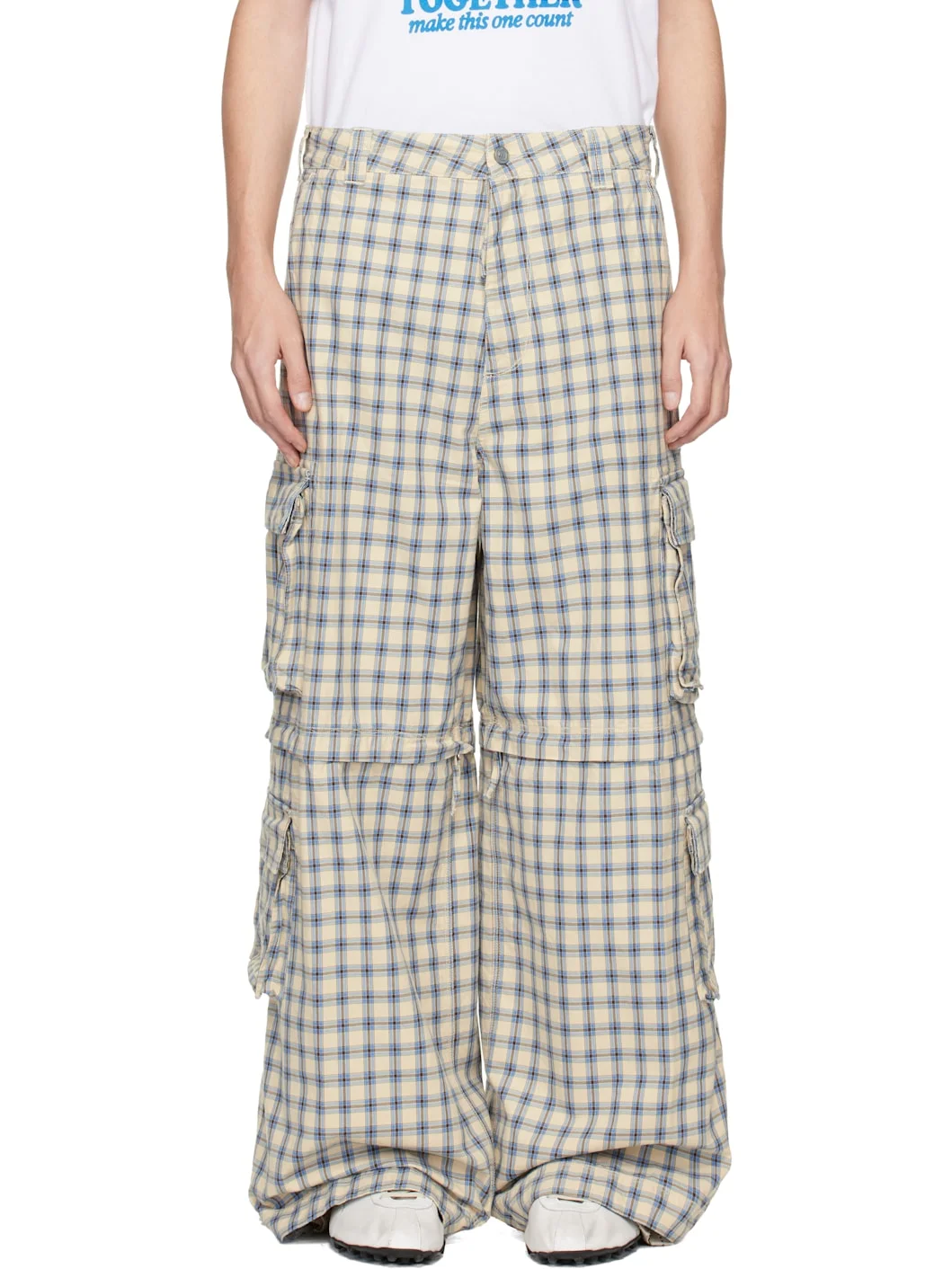 Off-White & Blue Zip-Off Plaid Cargo Pants - 1