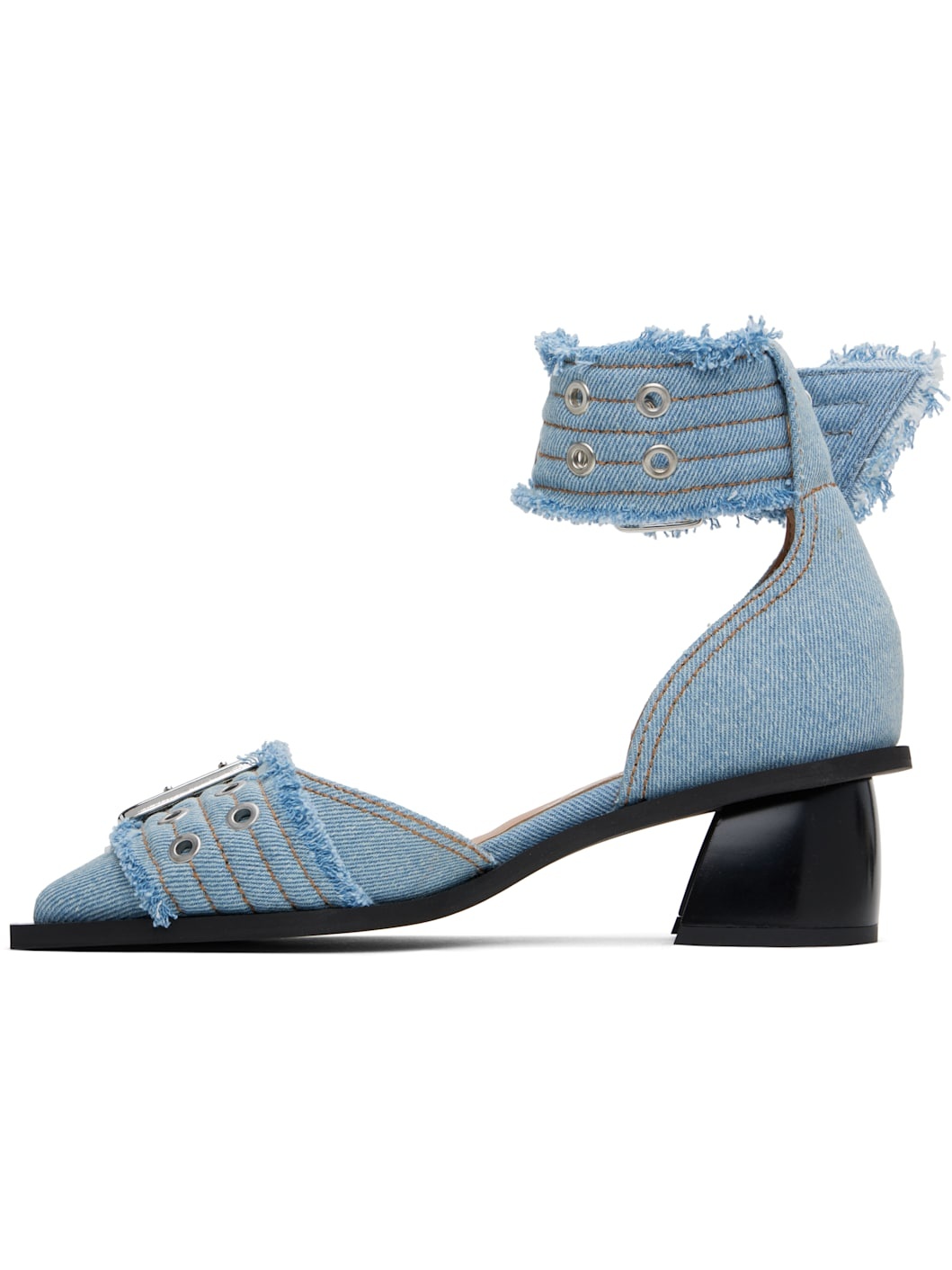 Blue Denim Feminine Buckle Open Cut Heels - 3