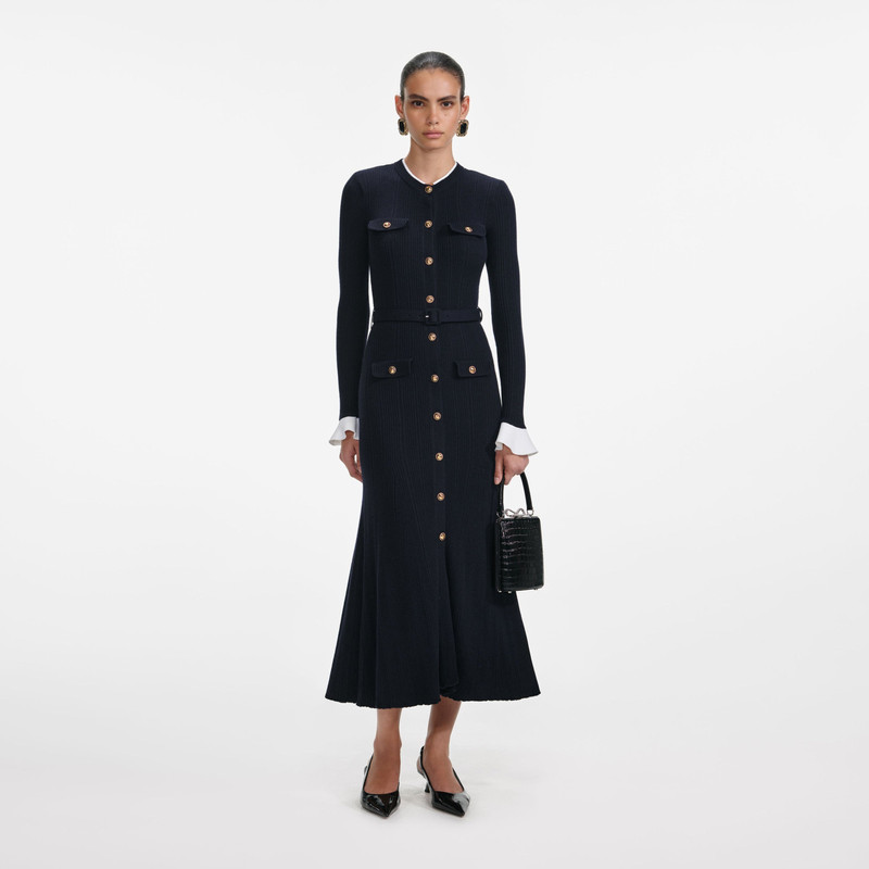 Navy Viscose Knit Midi Dress - 1