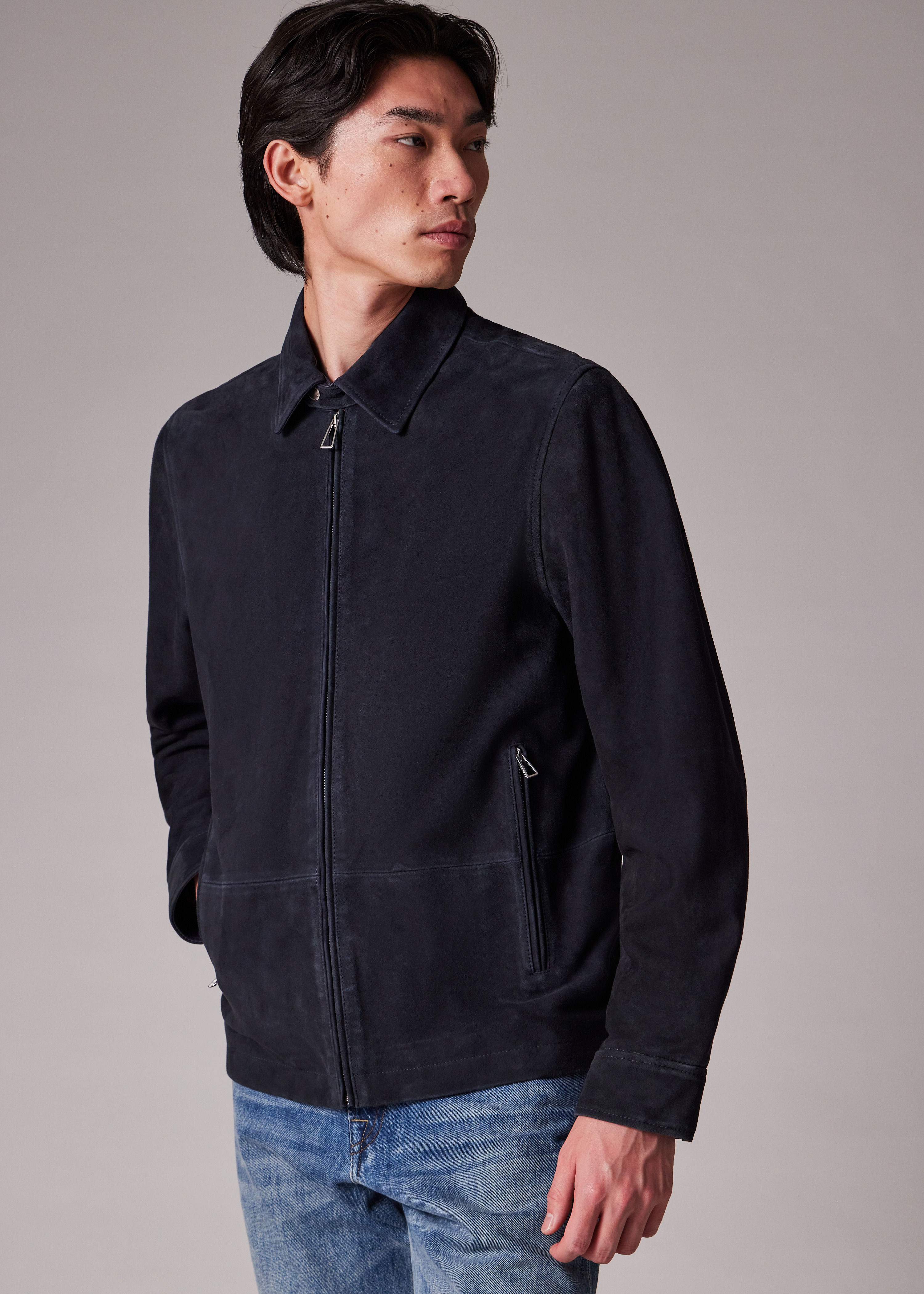 Navy Suede Zip-Front Jacket - 5