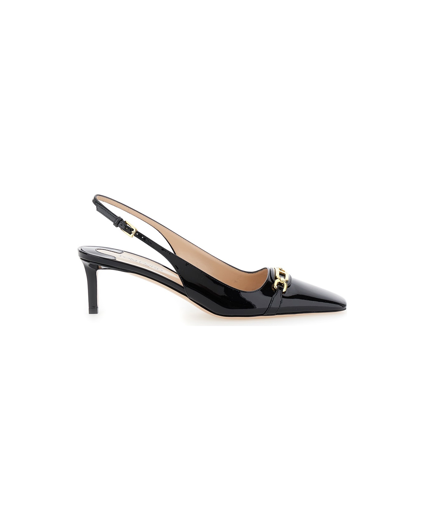 Black Slingback Pumps With T Logo Detail In Patent Leather Woman - 1