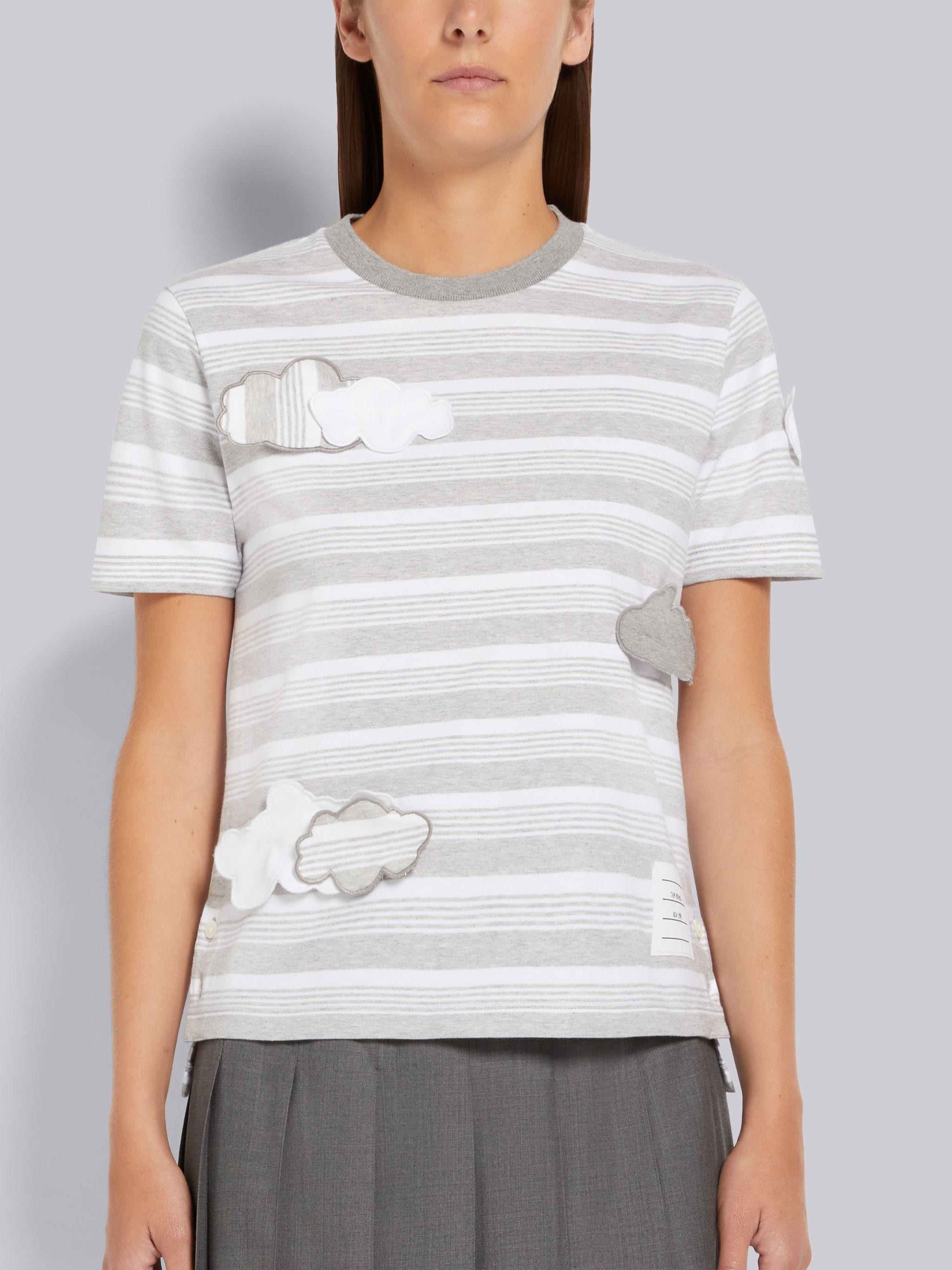 Pastel Grey Striped Jersey Wired Cloud Applique Embroidery Short Sleeve Tee - 1