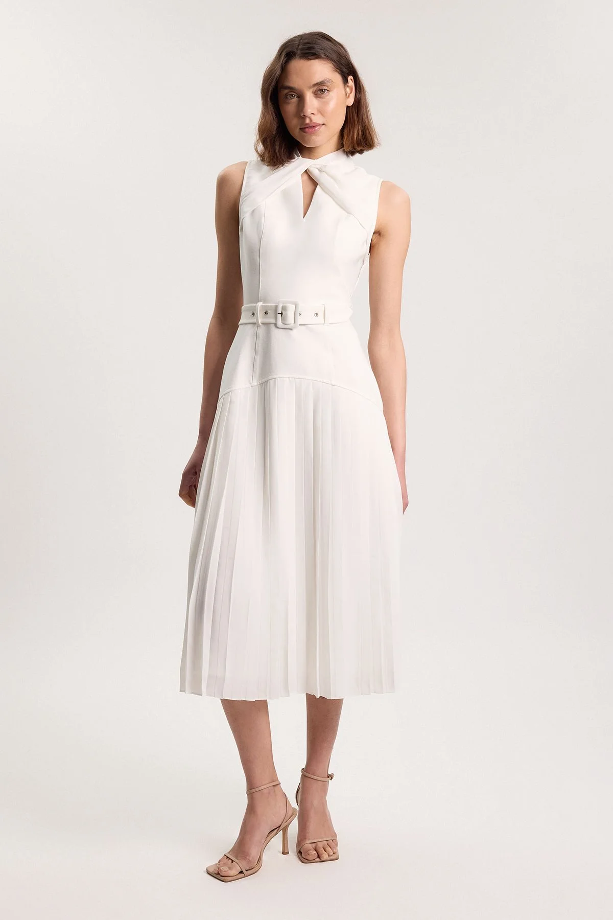 Ponte And Textured Georgette Button Mix Cut Out Detail Pleated Maxi Dress - 1