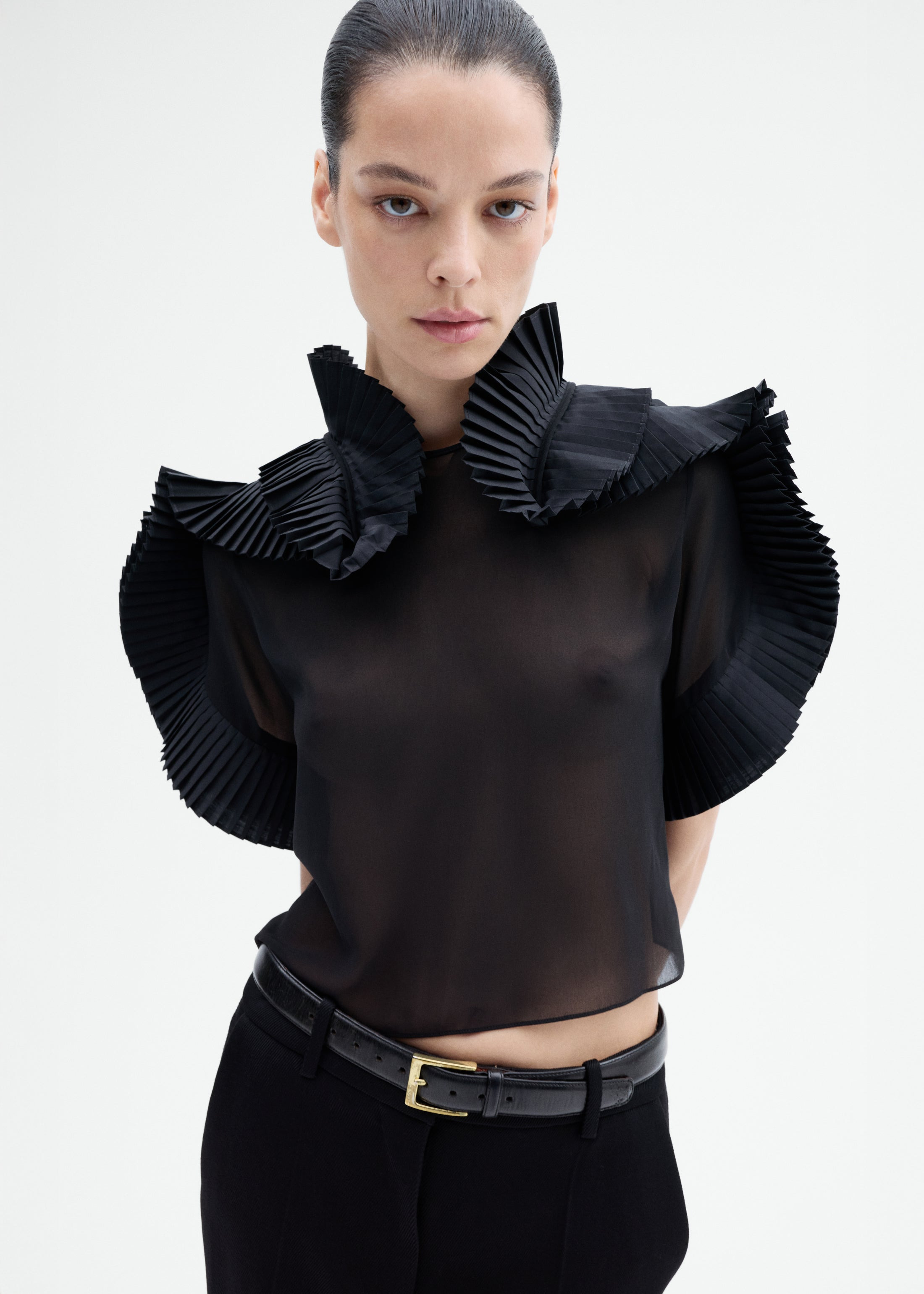 Pleated Ruffle Sheer Top in Georgette - 5