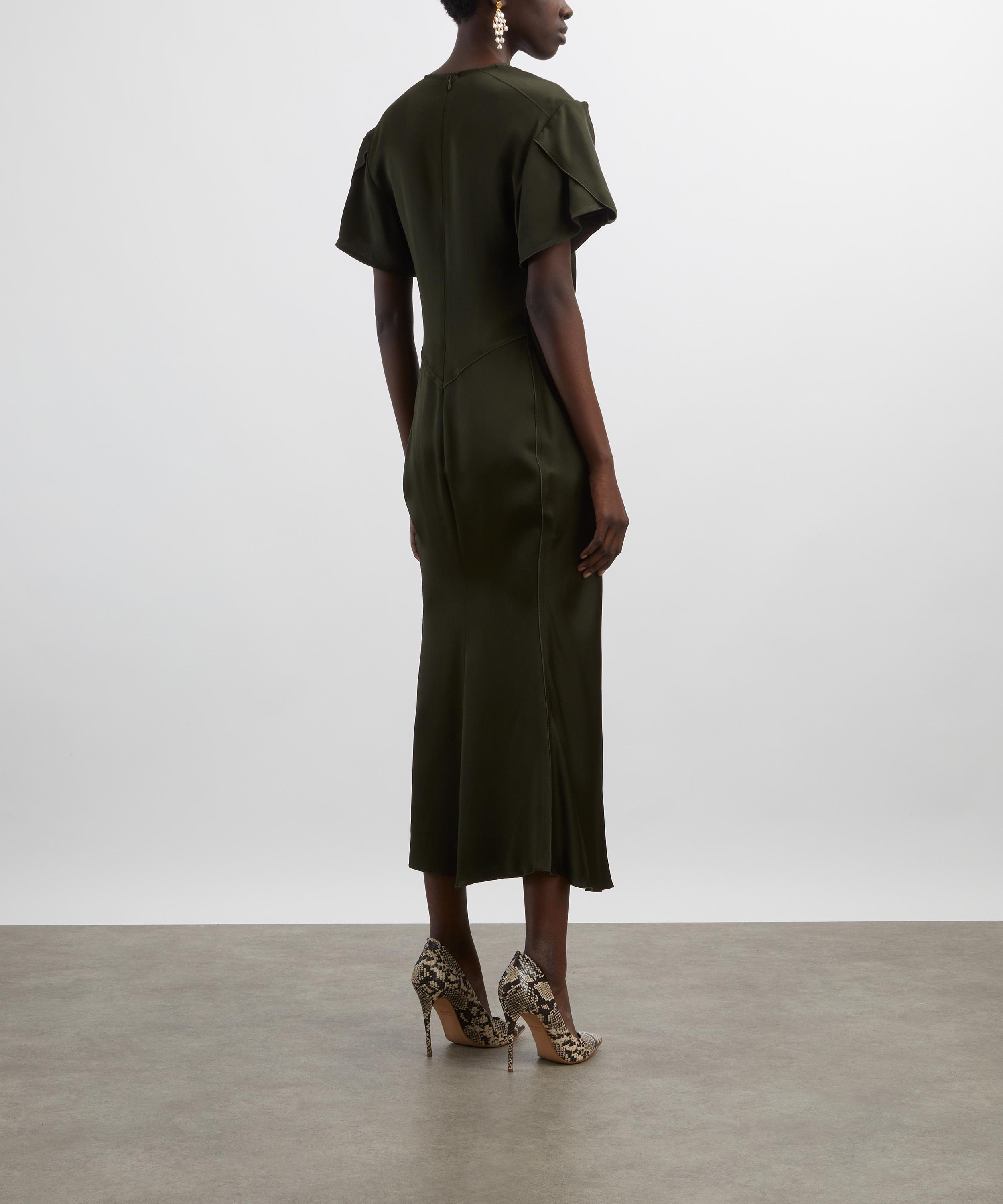 Dark Olive Gathered V-Neck Midi Dress - 4