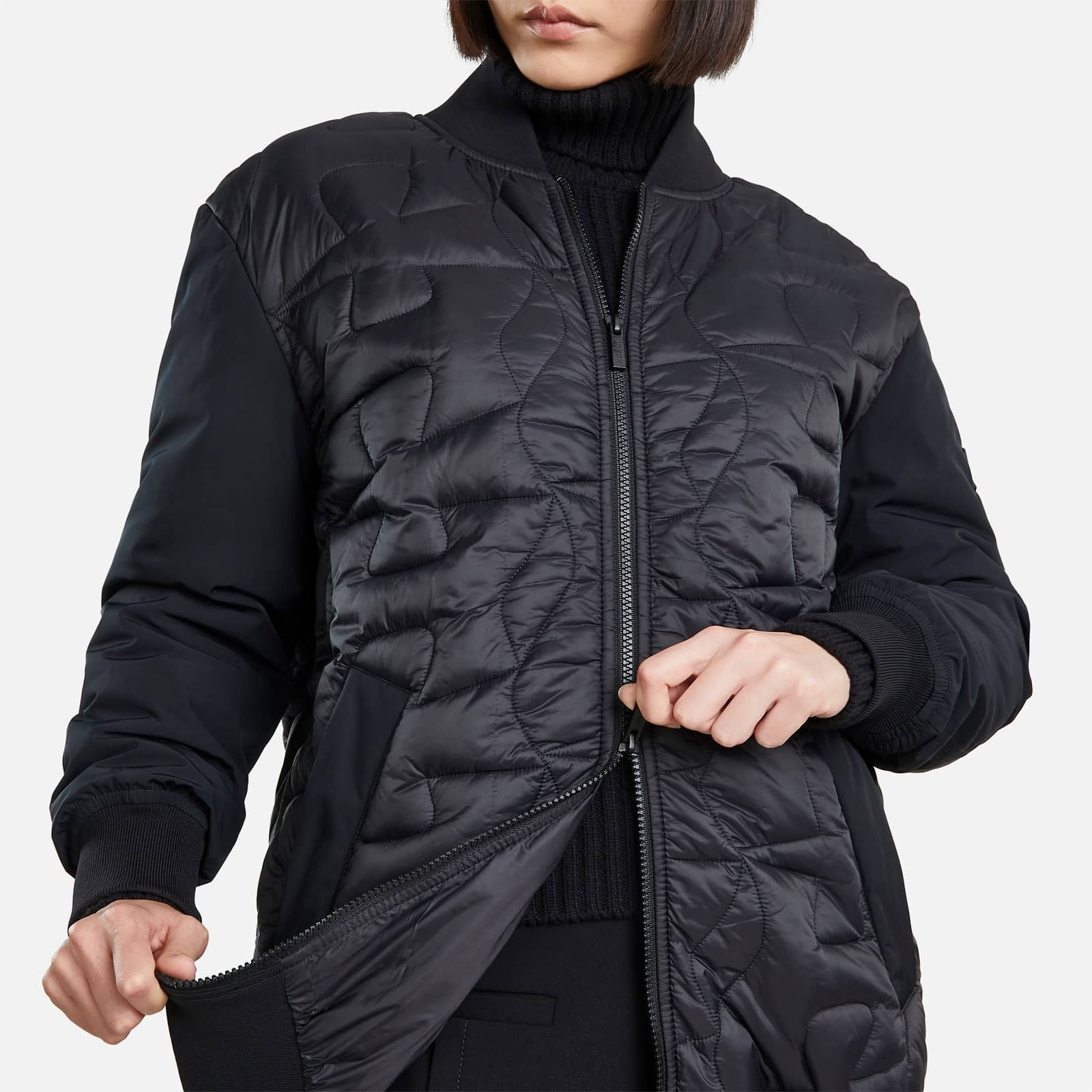 Long Quilted Bomber Jacket Black - 8