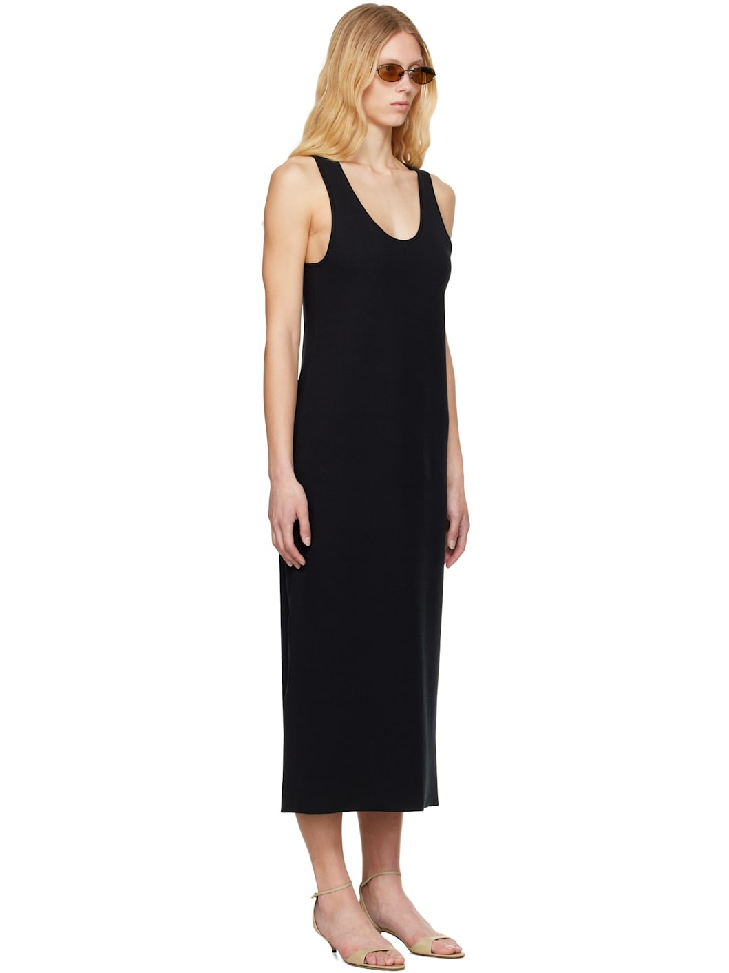Black Cotton Silk Stretch Knit Midi Dress - 2