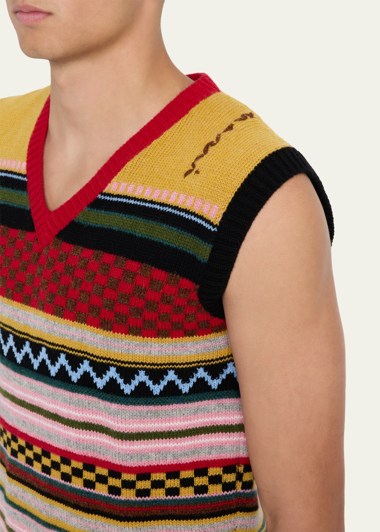 Men's Wool and Cotton Jacquard V-Neck Vest - 5