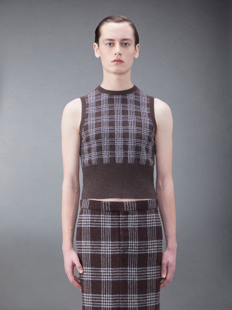 Prince of Wales Cashmere Short Crew Neck Shell Top 1