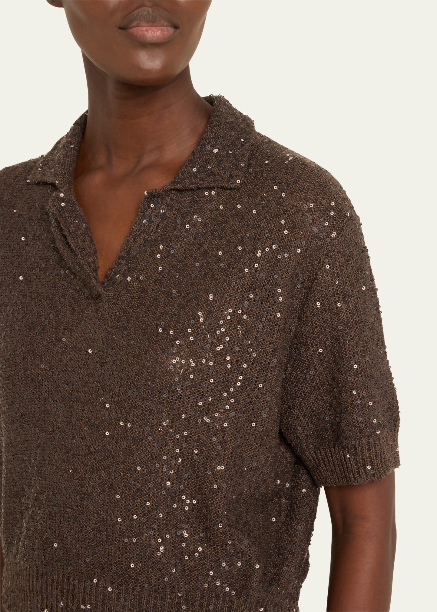Sequined Cashmere Cropped Polo Sweater - 5