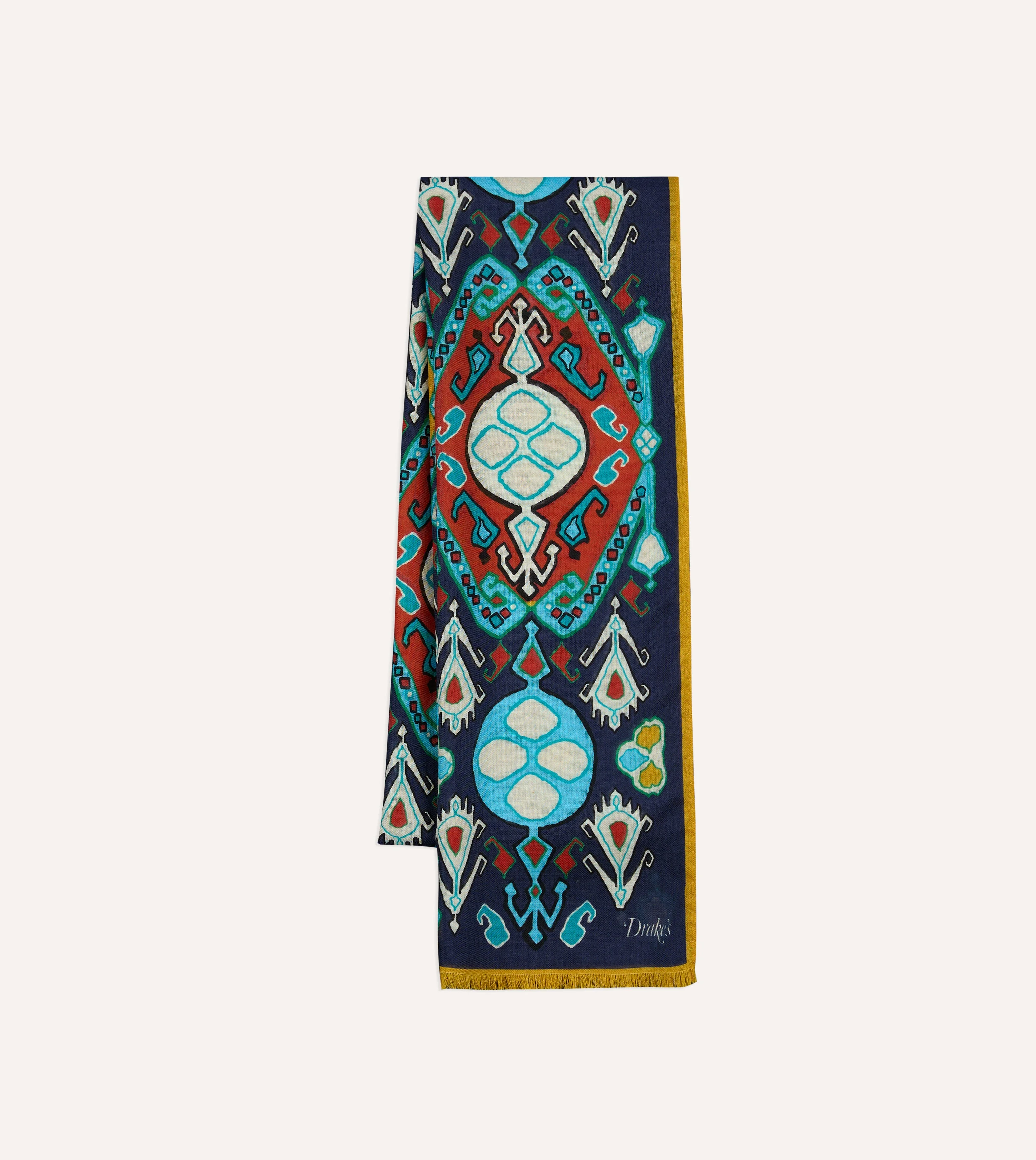 Navy Tapestry Print Wool Silk Scarf - 1