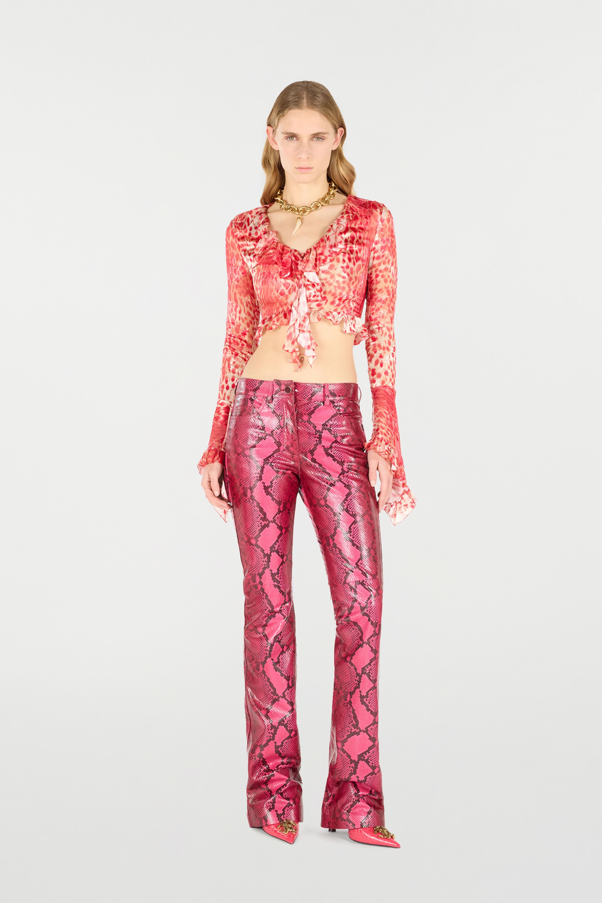 Crop Top With Ruffle And Jaguar Skin Print - 2