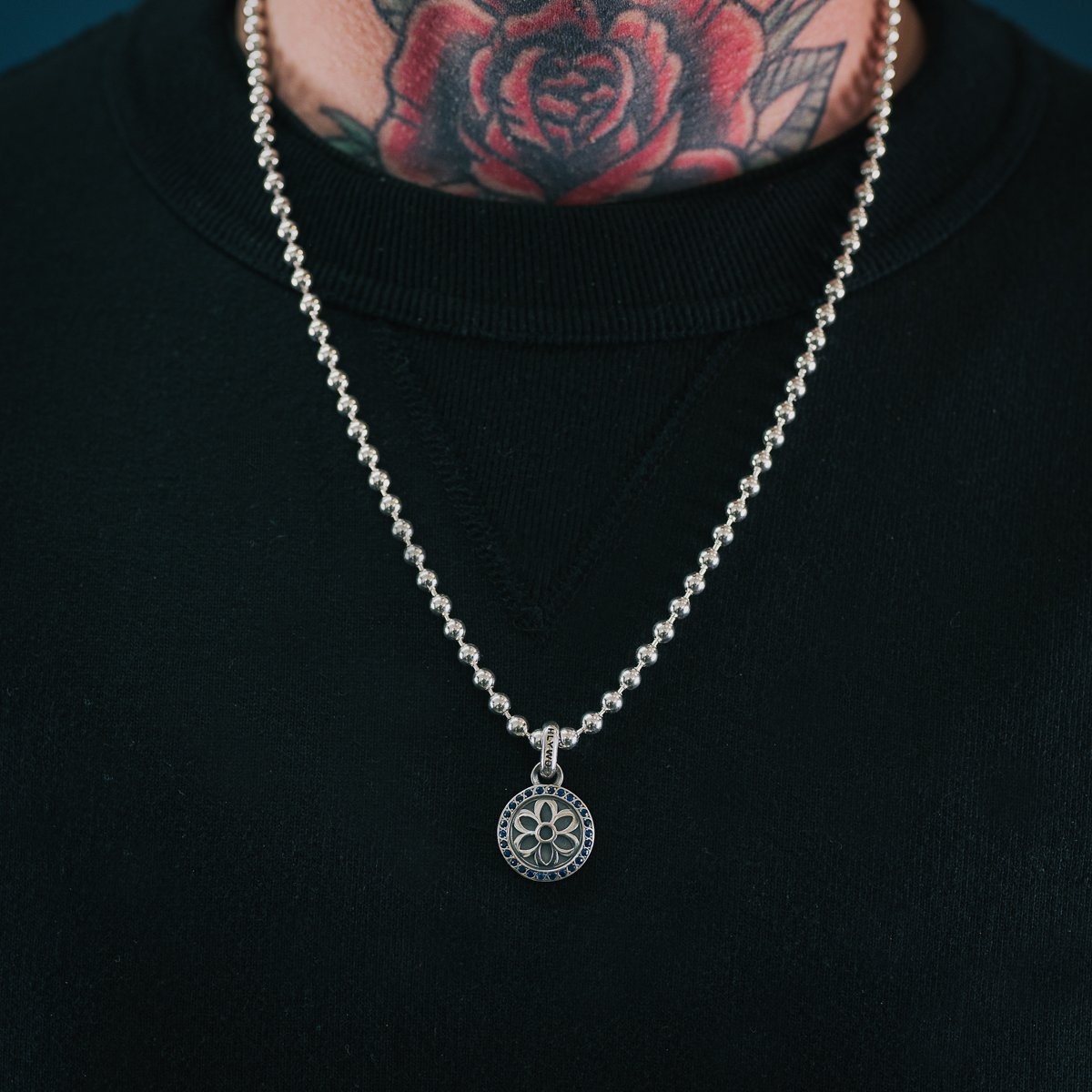 PS-STCHRIS-SM-SAP GOOD ART HLYWD Small Saint Christopher Pendant - Sterling Silver with Sapphires - 2