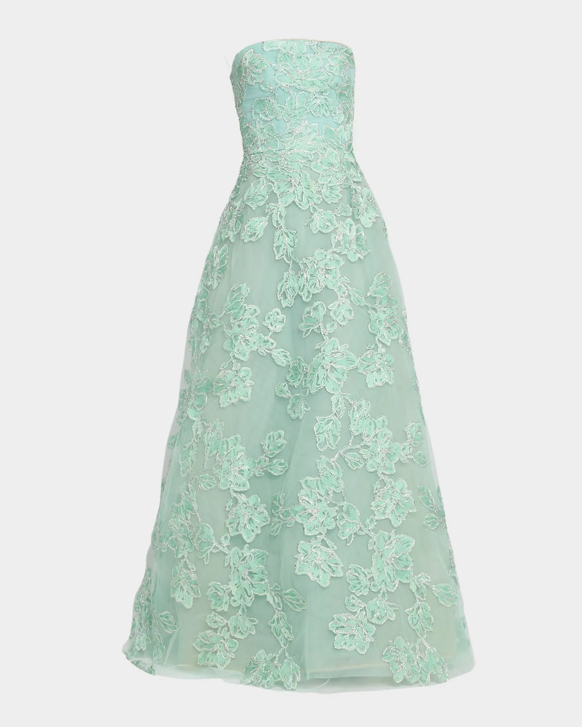 Floral Metallic Raffia Embroidered Tulle Strapless Gown - 1