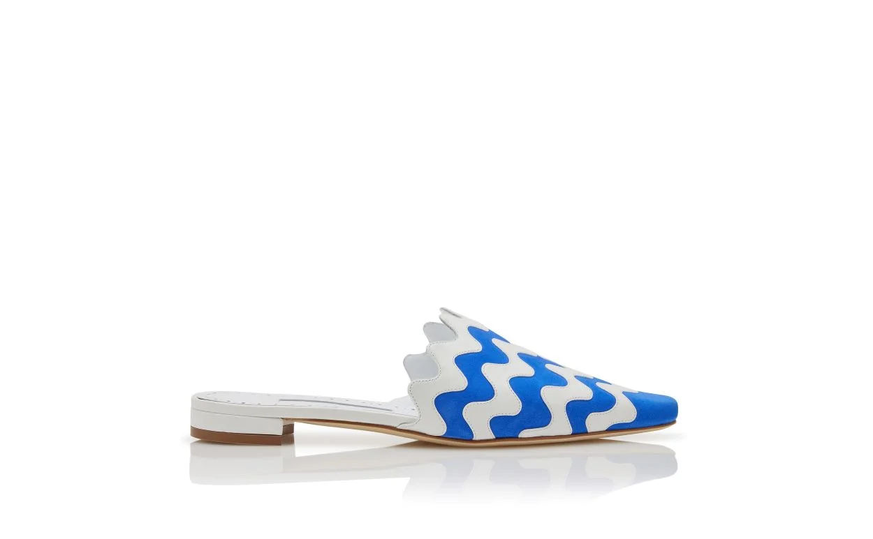 Blue and White Suede Flat Mules - 1
