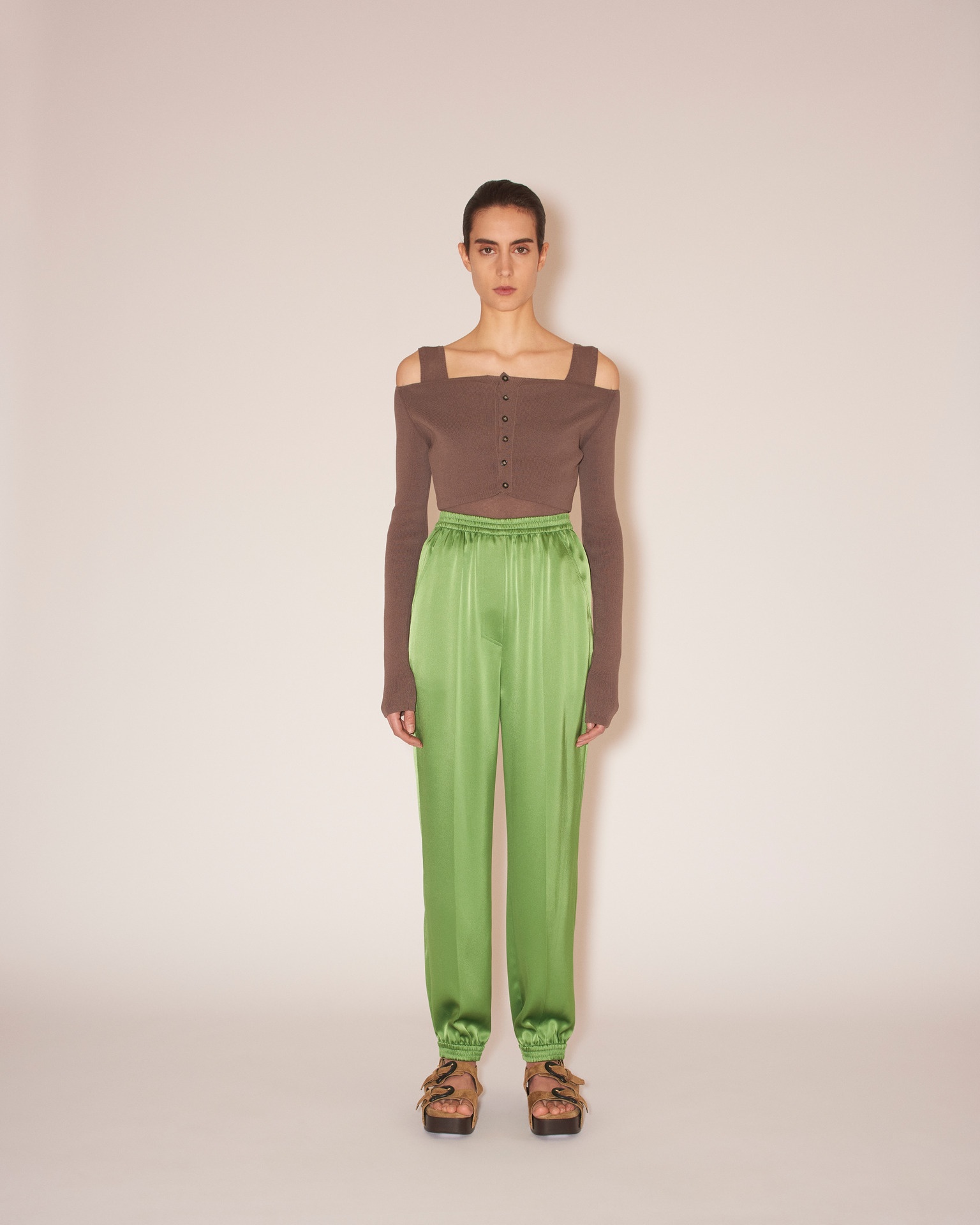 ARIA - Superfine textured cotton off-shoulder top - Brown - 2
