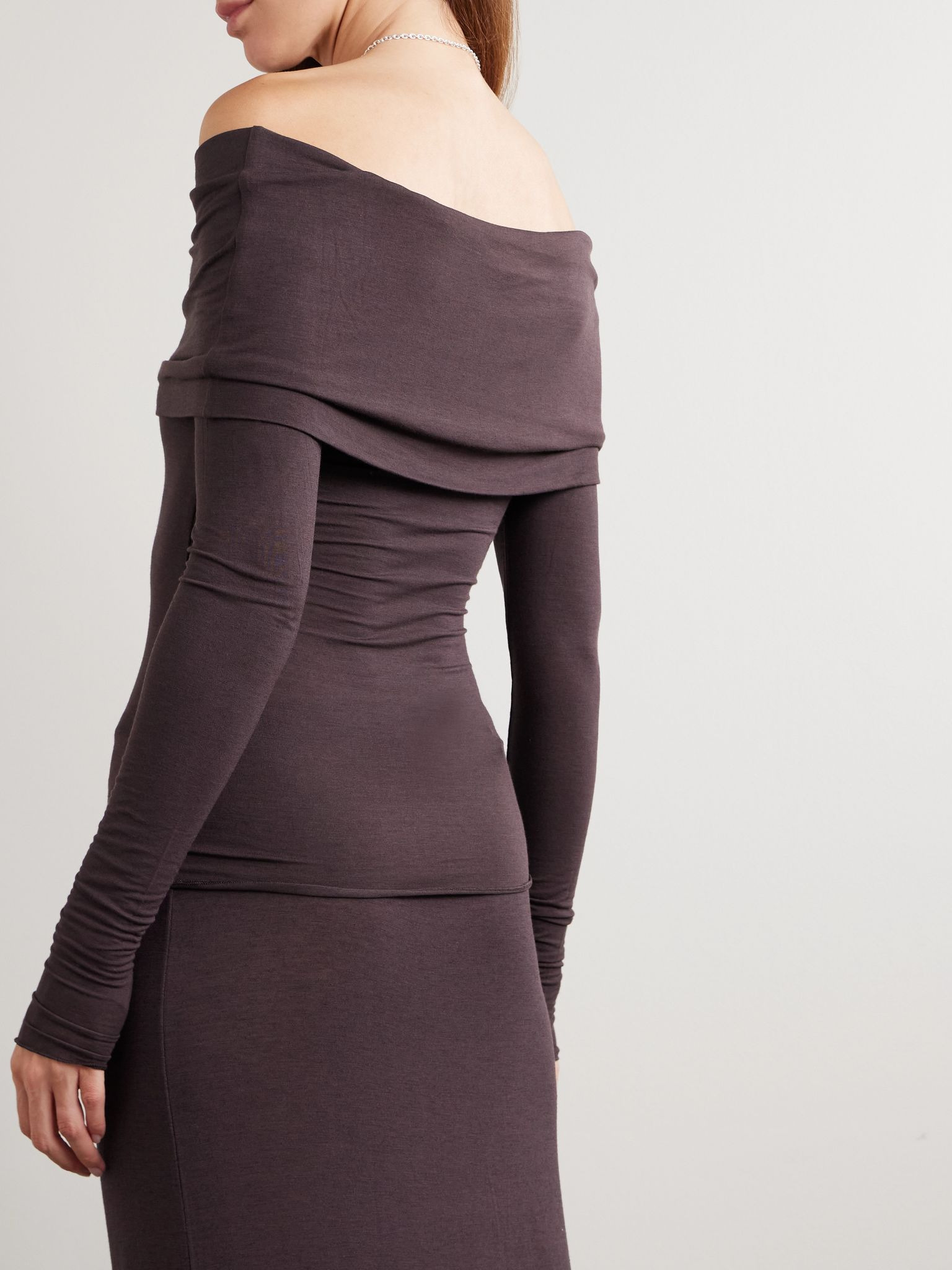 Sheer Modal-Blend Off-Shoulder Long-Sleeve Top - Phoenix Brown - 3