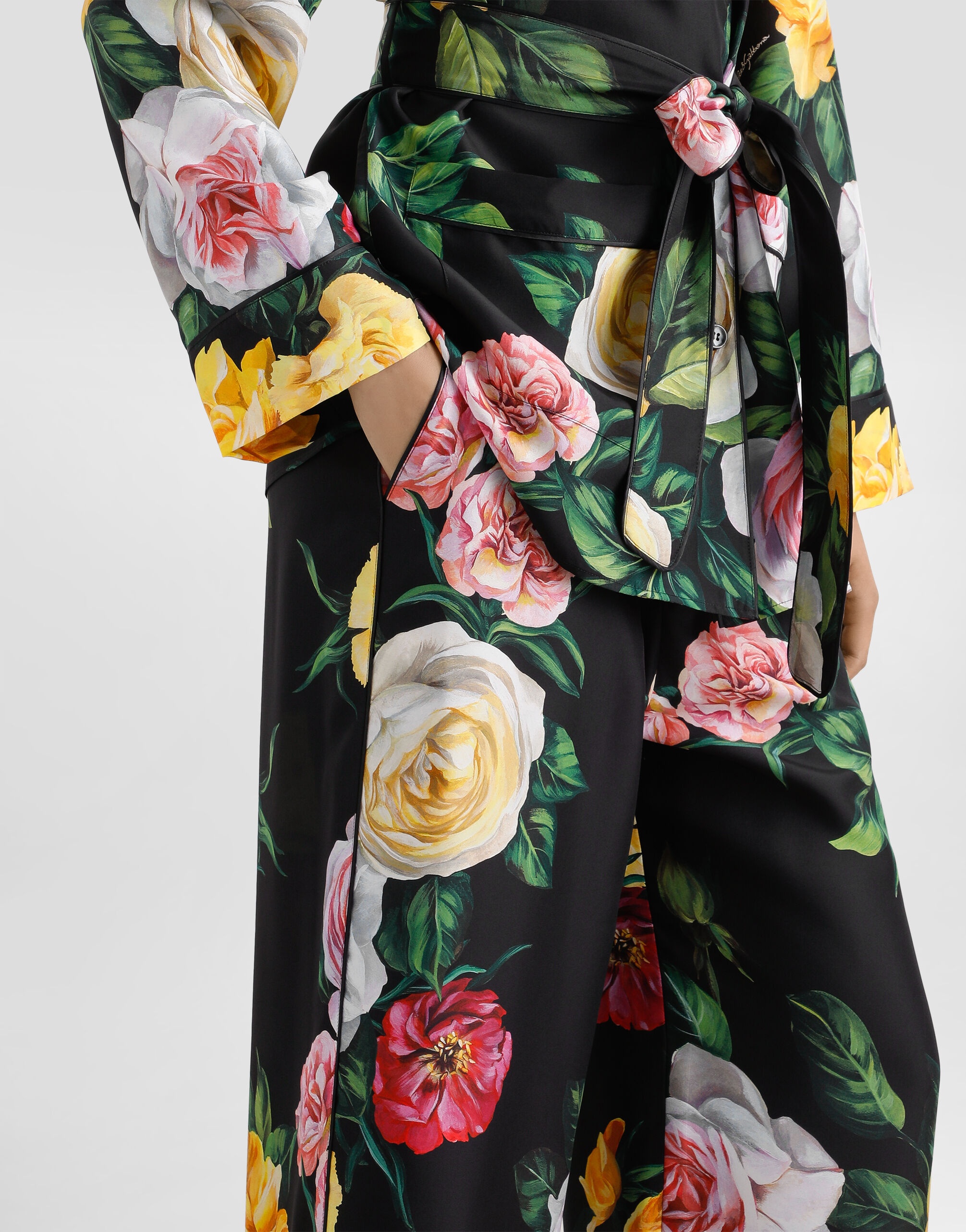 Silk habotai pajama pants with peony and rose print - 4