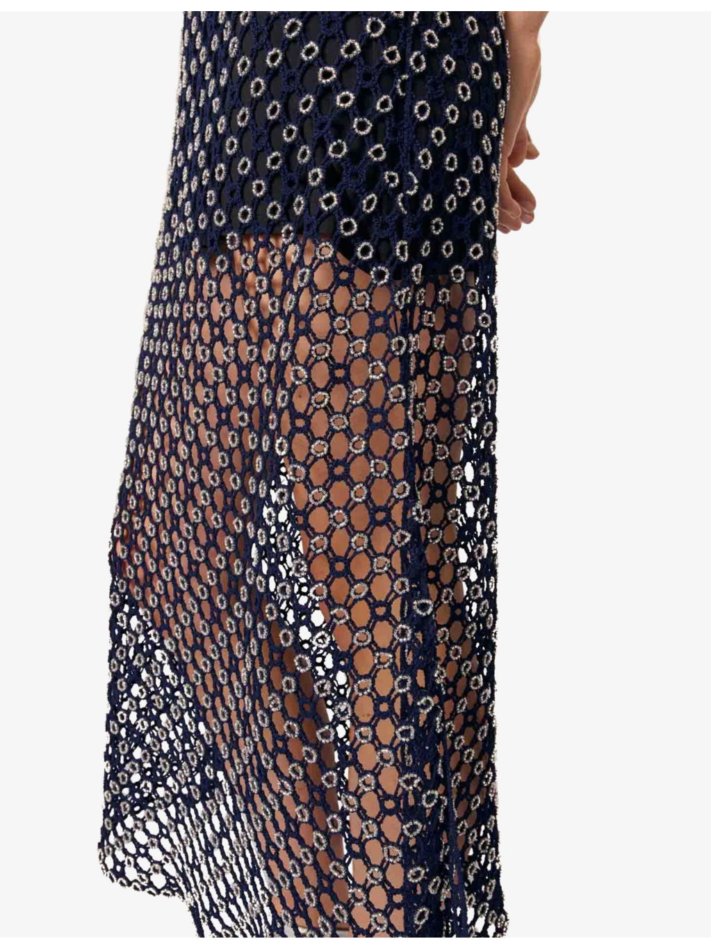 Bead-Embellished Crochet-Overlay Woven Midi Dress - 5