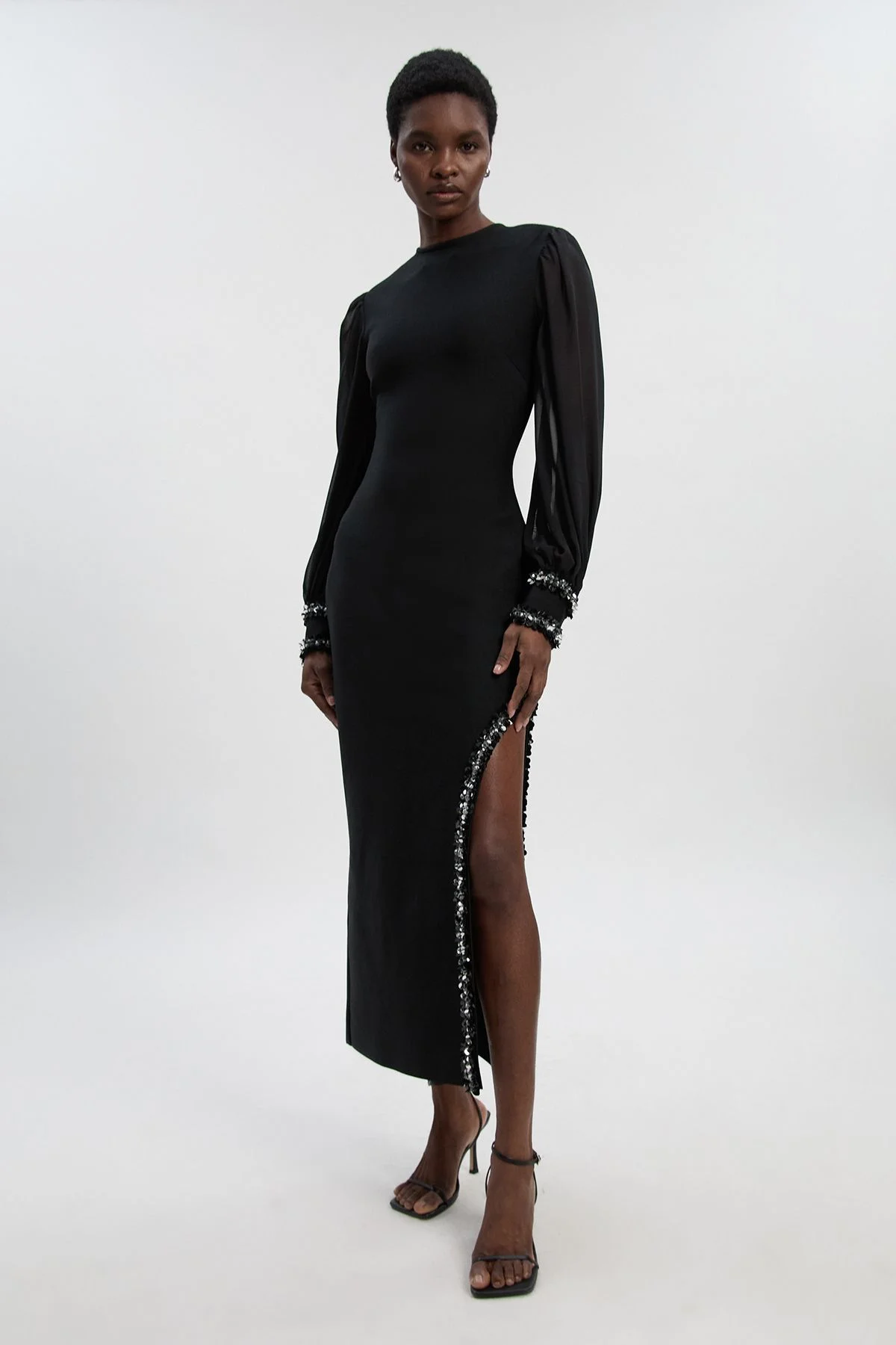 Embellished Figure Form And Chiffon Sleeve Midi Dress - 1