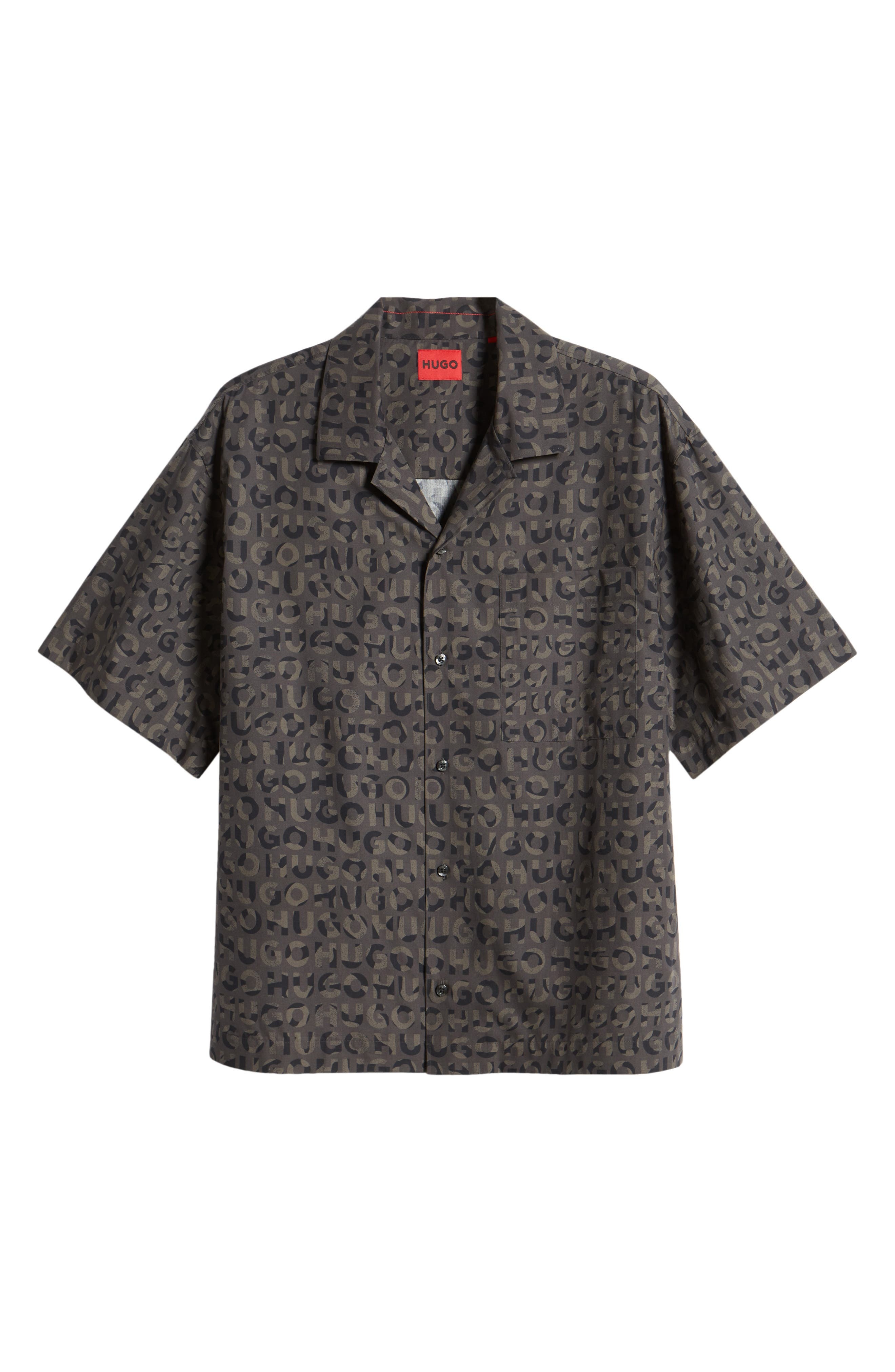 HUGO Egeeno Oversize Camo Logo Camp Shirt in Black at Nordstrom - 6