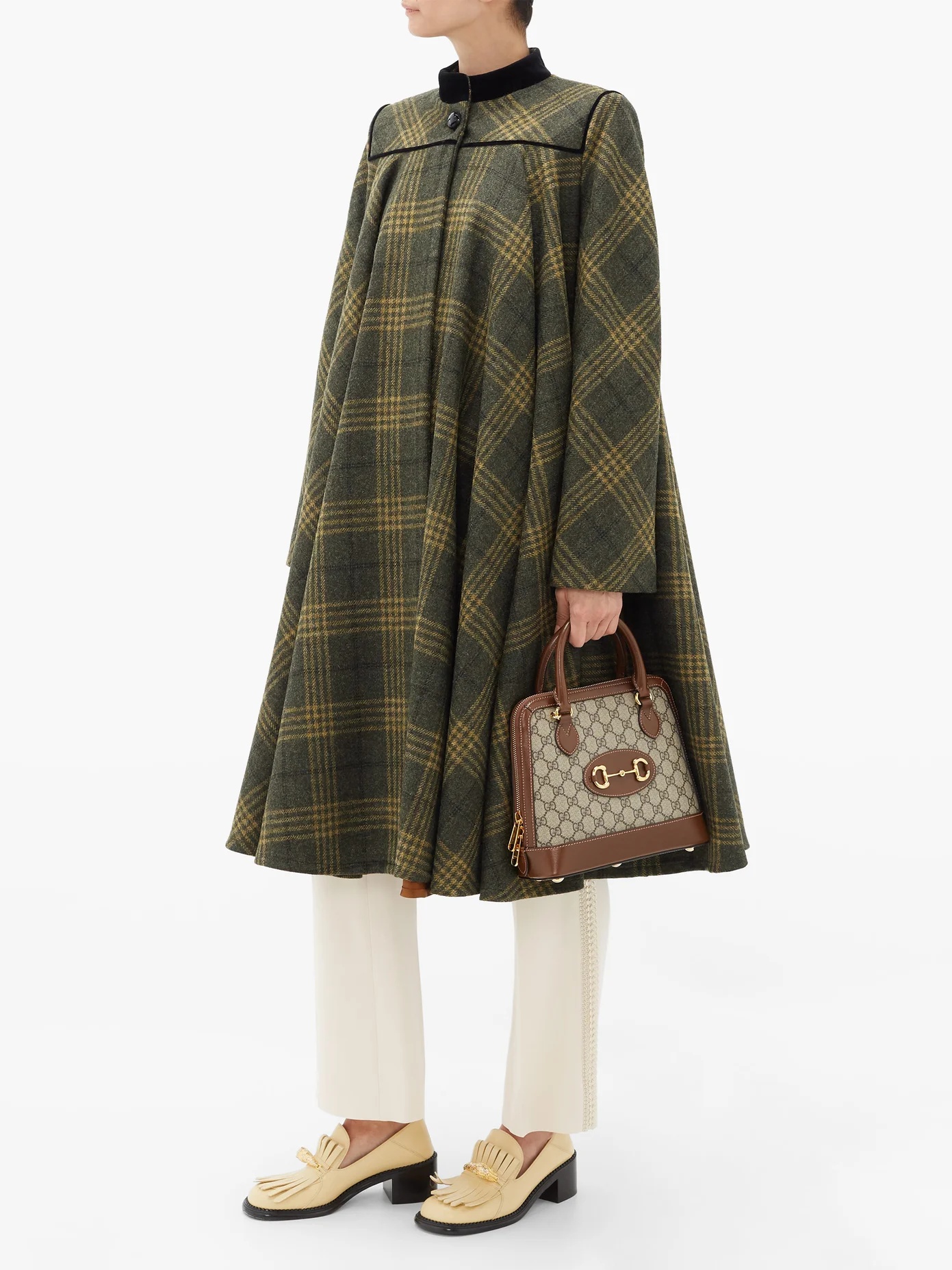 Velvet-collar checked-wool cape coat - 2