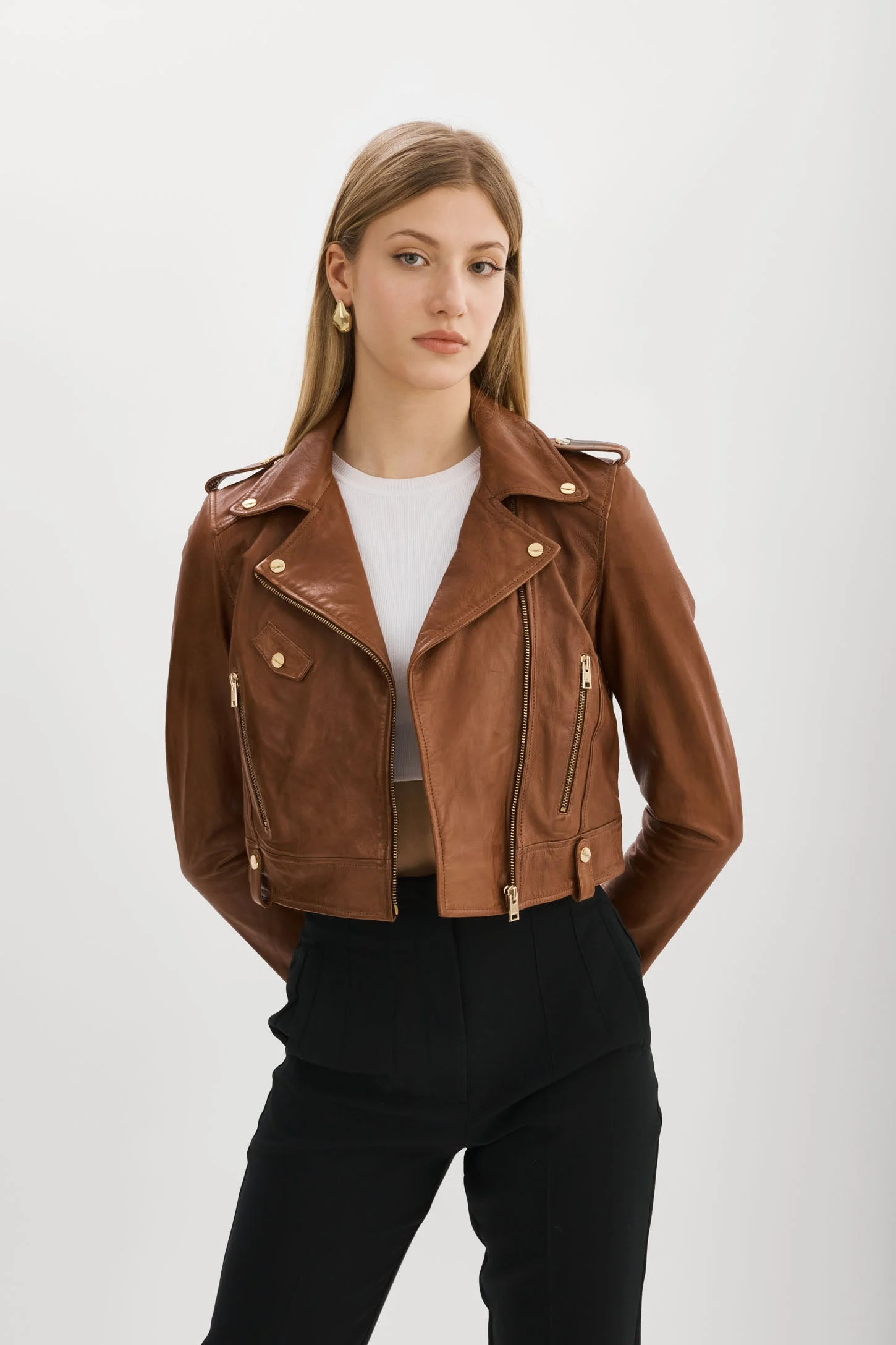 CIARA GOLD | Cropped Leather Biker Jacket - 1