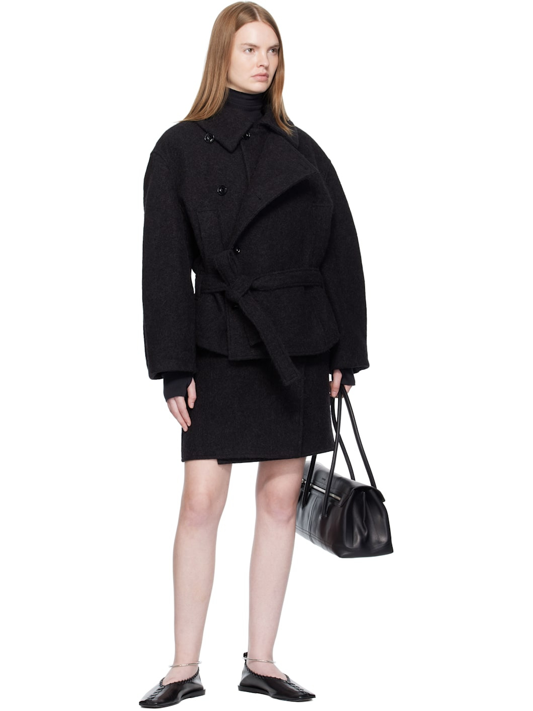 Black Short Asymmetrical Bathrobe Coat - 4