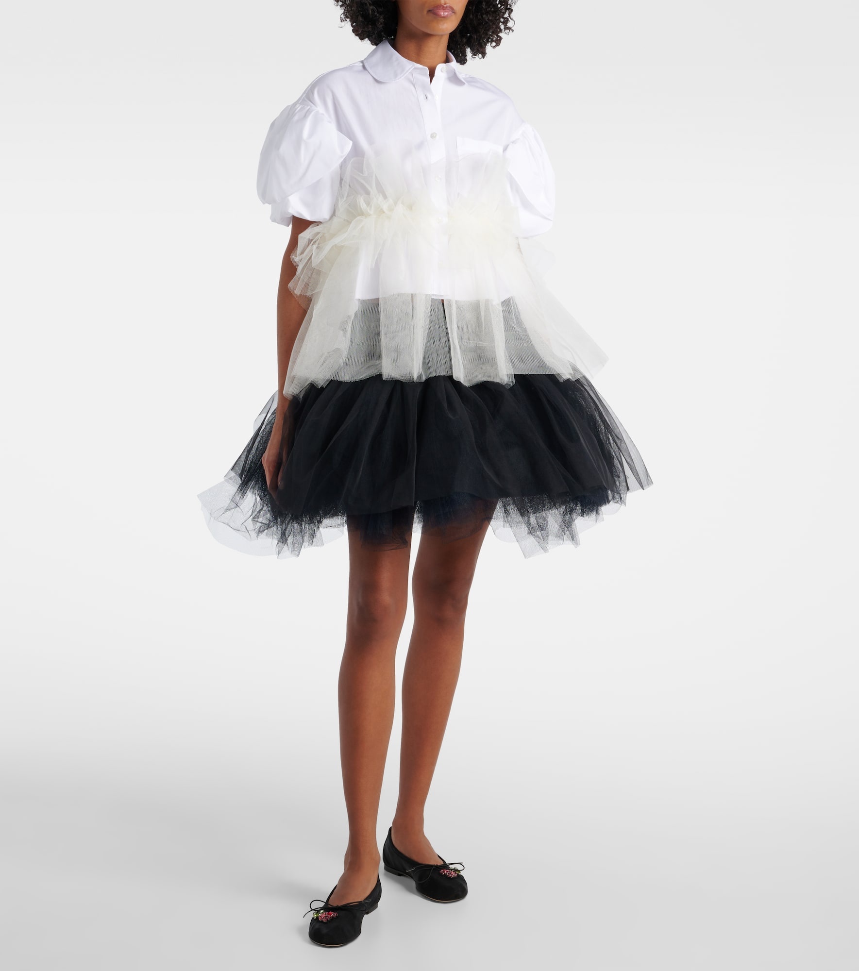 Tulle-trimmed cropped cotton shirt - 2