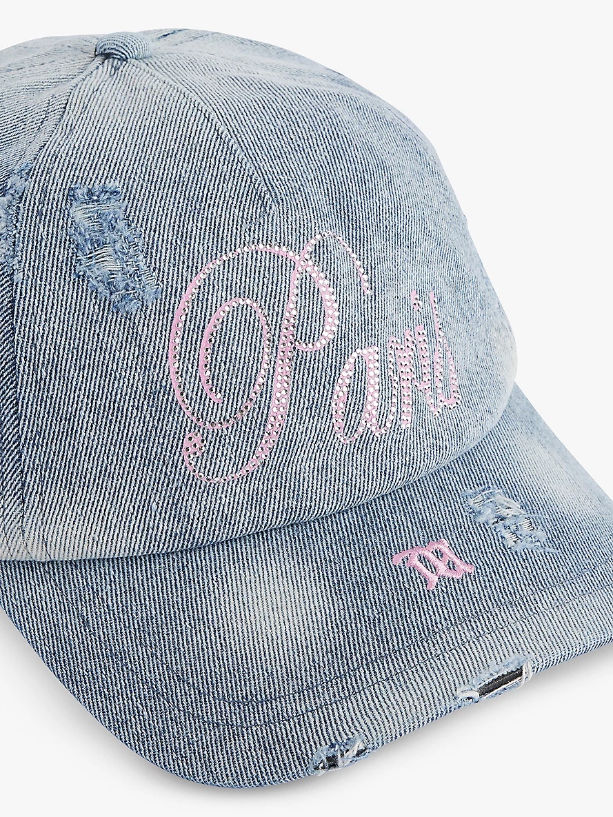 Paris rhinestone-text distressed denim cap - 2