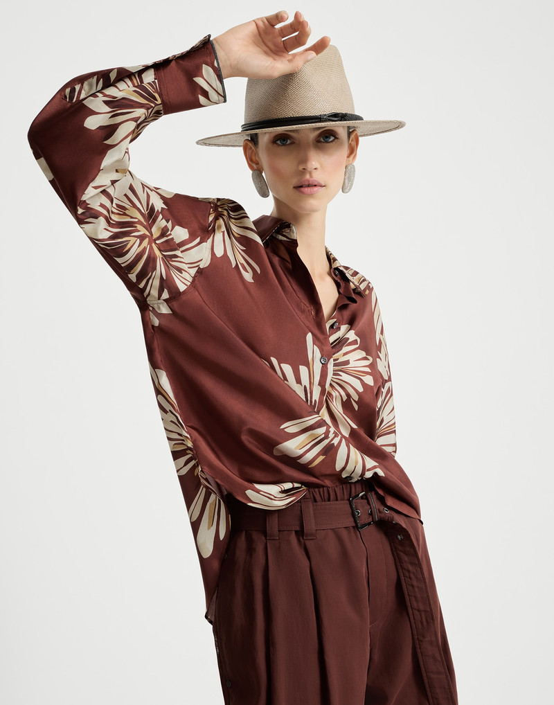 Silk bloom print pongee shirt with monili 5