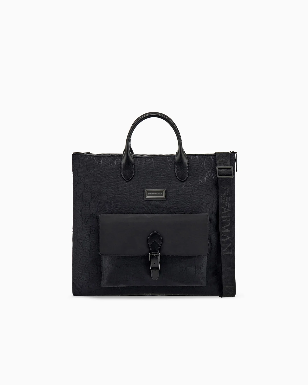TOTE BAG WITH MONOGRAM PATTERN AND BONDED LEATHER HANDLES - 1