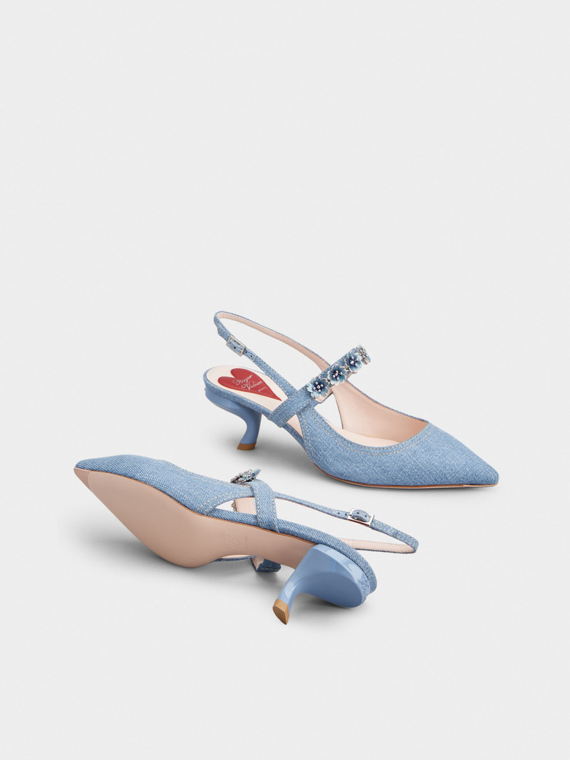 Virgule Flower Slingback Pumps in Denim 6