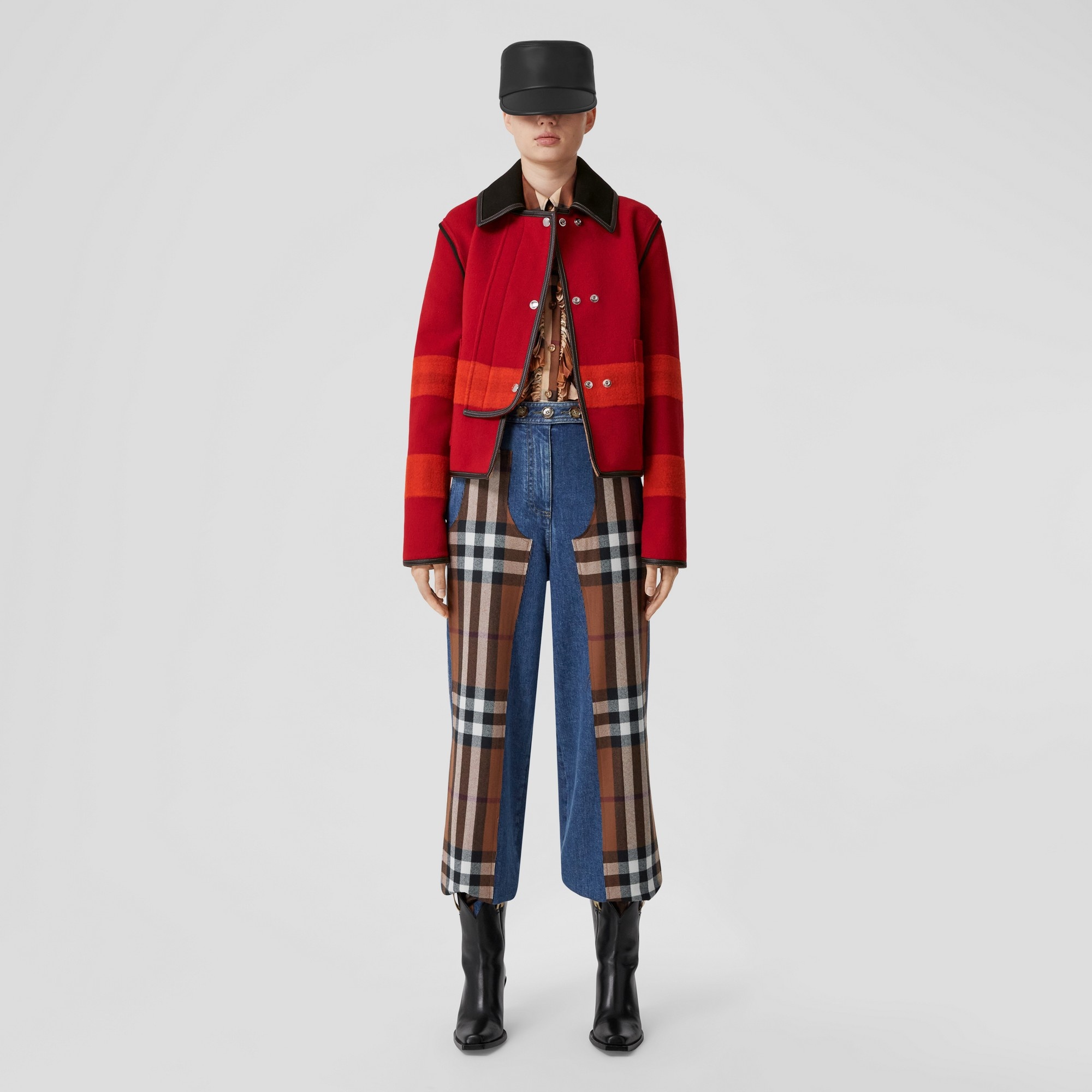 Check Wool Panel Stonewashed Denim Jeans - 4