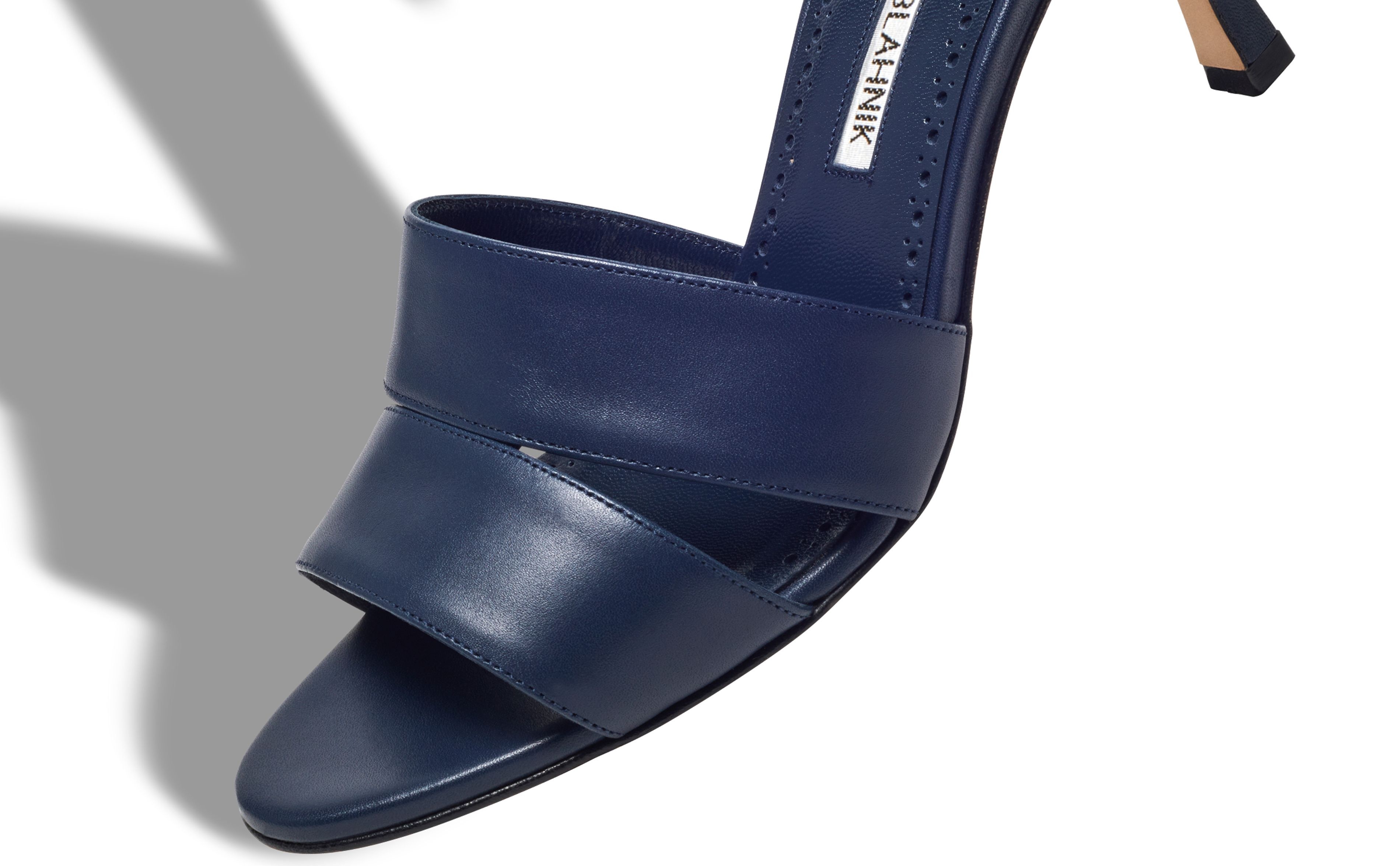 Navy Blue Calf Leather Open Toe Mules - 4