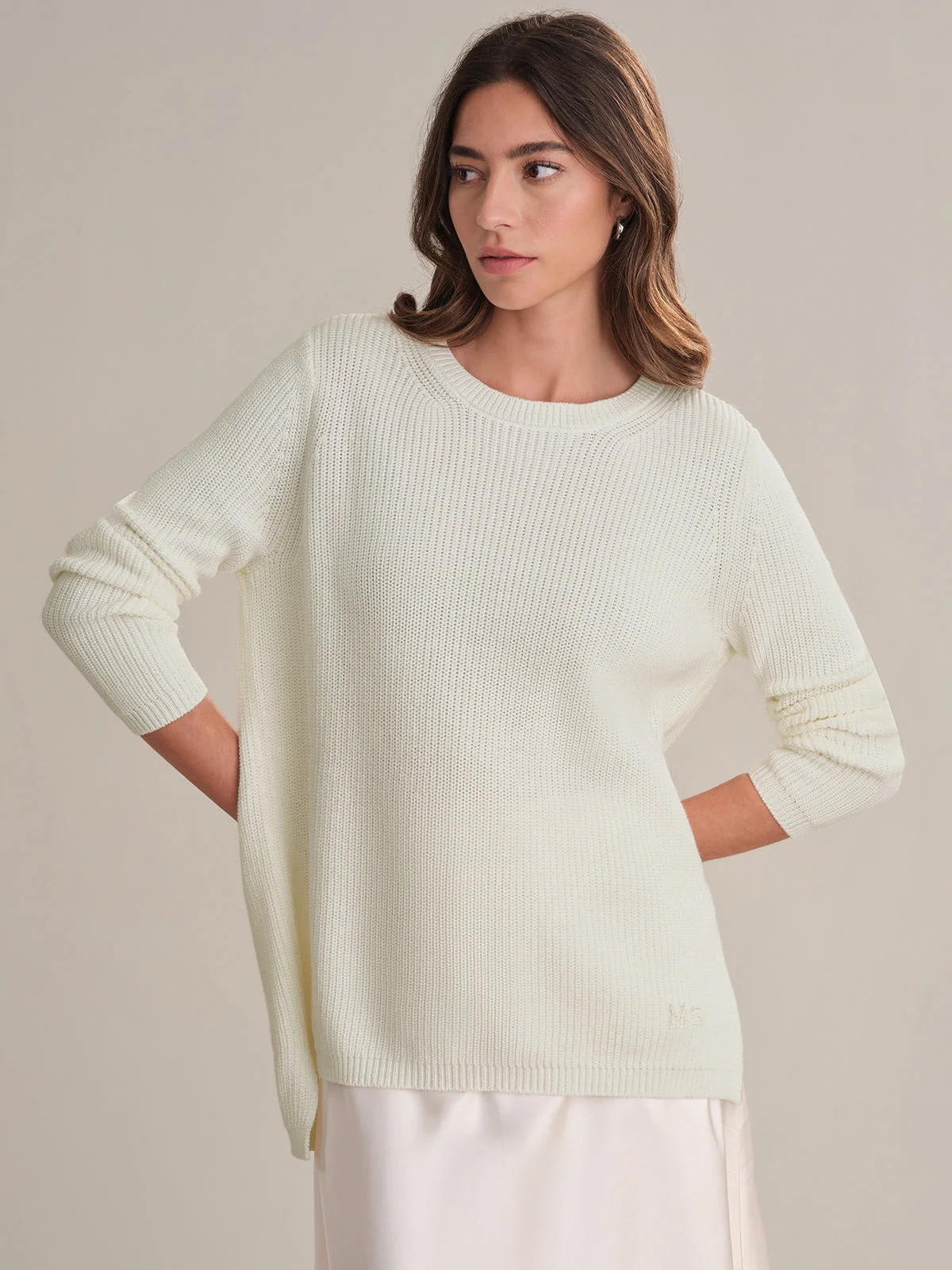 Emma: Crewneck Shaker Stitch Cotton Sweater - 1