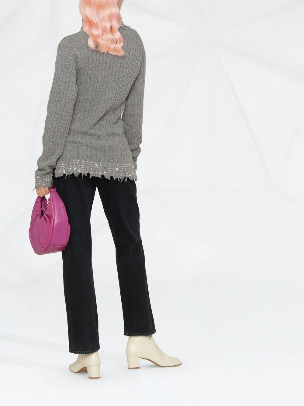 raw-cut edge high-neck knitted jumper - 3