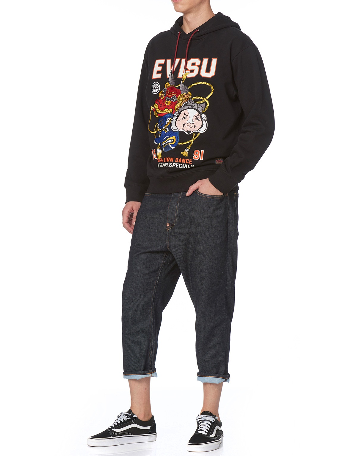 LION DANCE MASK BLACK EMBROIDERED HOODIE - 4