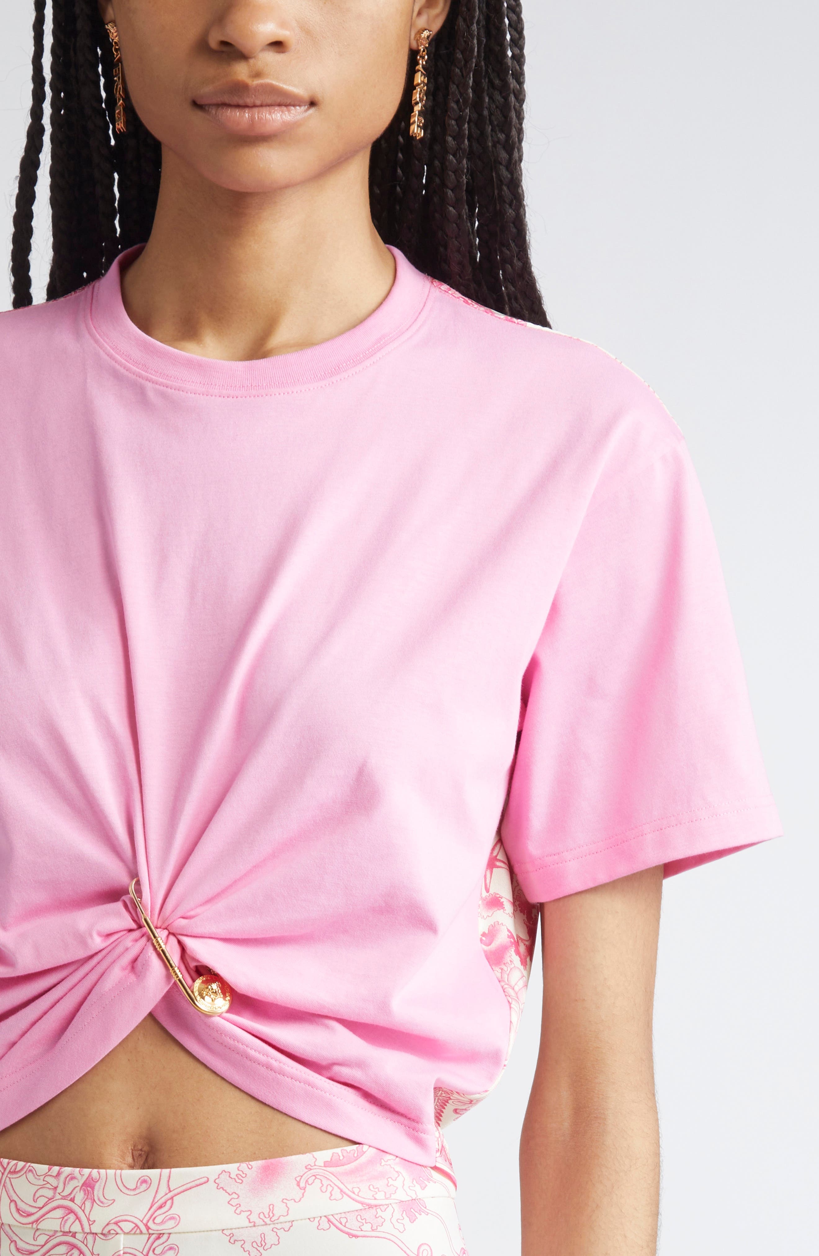 Versace Barocco Safety Pin Crop T-Shirt in Guava Multi Color at Nordstrom - 5