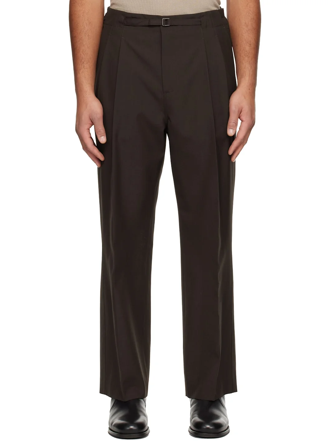 Brown Pleat Belted Trousers - 1