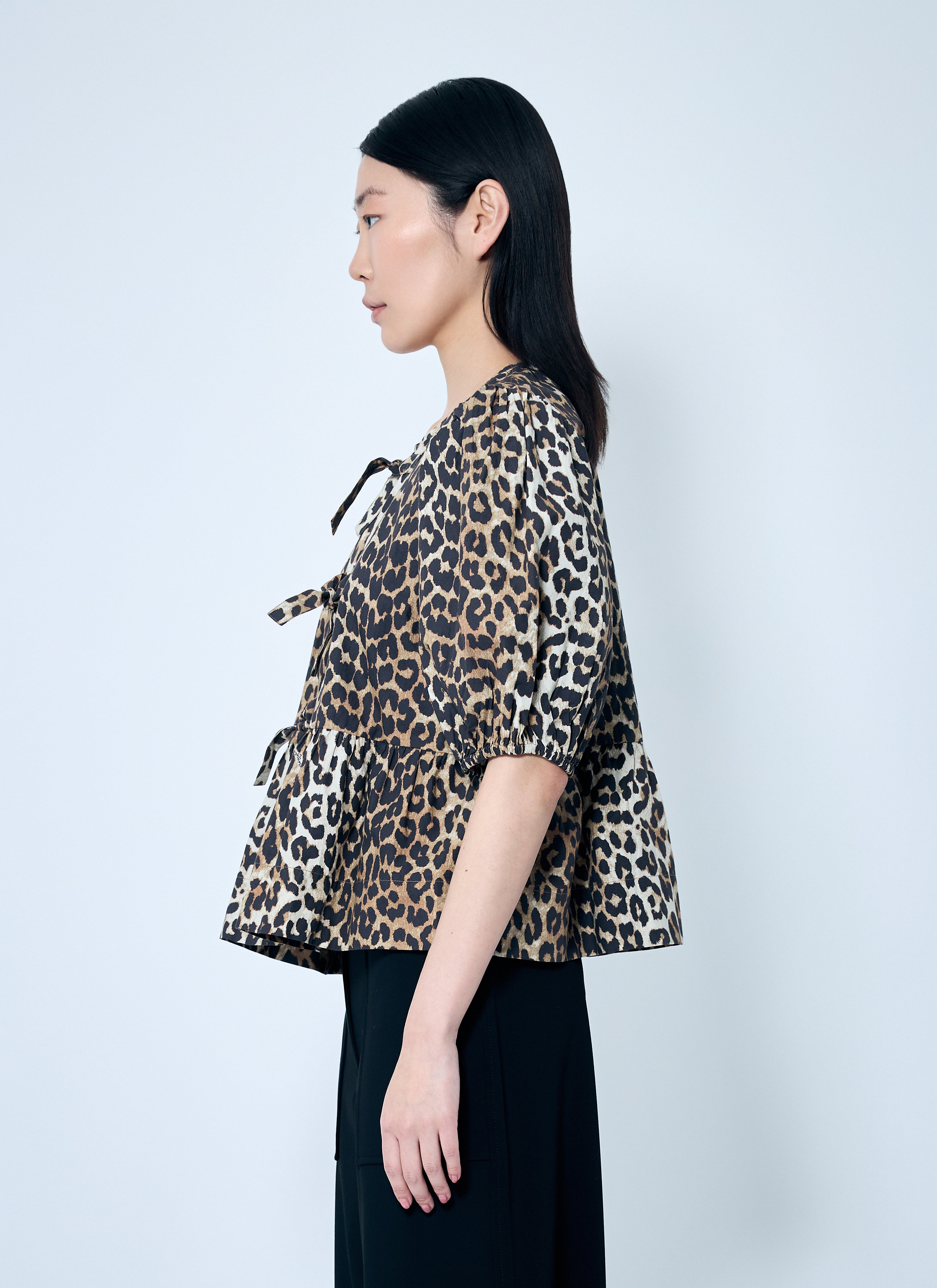 Ganni Women Leopard Poplin Peplum Blouse - 3
